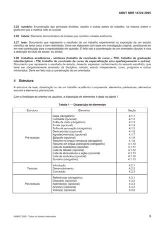 ABNT NBR 14724:2005
©ABNT 2005 - Todos os direitos reservados 3
3.25 sumário: Enumeração das principais divisões, seções e outras partes do trabalho, na mesma ordem e
grafia em que a matéria nele se sucede.
3.26 tabela: Elemento demonstrativo de síntese que constitui unidade autônoma.
3.27 tese: Documento que representa o resultado de um trabalho experimental ou exposição de um estudo
científico de tema único e bem delimitado. Deve ser elaborado com base em investigação original, constituindo-se
em real contribuição para a especialidade em questão. É feito sob a coordenação de um orientador (doutor) e visa
a obtenção do título de doutor, ou similar.
3.28 trabalhos acadêmicos - similares (trabalho de conclusão de curso – TCC, trabalho de graduação
interdisciplinar - TGI, trabalho de conclusão de curso de especialização e/ou aperfeiçoamento e outros):
Documento que representa o resultado de estudo, devendo expressar conhecimento do assunto escolhido, que
deve ser obrigatoriamente emanado da disciplina, módulo, estudo independente, curso, programa e outros
ministrados. Deve ser feito sob a coordenação de um orientador.
4 Estrutura
A estrutura de tese, dissertação ou de um trabalho acadêmico compreende: elementos pré-textuais, elementos
textuais e elementos pós-textuais.
Com a finalidade de orientar os usuários, a disposição de elementos é dada na tabela 1.
Tabela 1 — Disposição de elementos
Estrutura Elemento Seção
Pré-textuais
Capa (obrigatório)
Lombada (opcional)
Folha de rosto (obrigatório)
Errata (opcional)
Folha de aprovação (obrigatório)
Dedicatória(s) (opcional)
Agradecimento(s) (opcional)
Epígrafe (opcional)
Resumo na língua vernácula (obrigatório)
Resumo em língua estrangeira (obrigatório)
Lista de ilustrações (opcional)
Lista de tabelas (opcional)
Lista de abreviaturas e siglas (opcional)
Lista de símbolos (opcional)
Sumário (obrigatório)
4.1.1
4.1.2
4.1.3
4.1.4
4.1.5
4.1.6
4.1.7
4.1.8
4.1.9
4.1.10
4.1.11
4.1.12
4.1.13
4.1.14
4.1.15
Textuais
Introdução
Desenvolvimento
Conclusão
4.2.1
4.2.2
4.2.3
Pós-textuais
Referências (obrigatório)
Glossário (opcional)
Apêndice(s) (opcional)
Anexo(s) (opcional)
Índice(s) (opcional)
4.3.1
4.3.2
4.3.3
4.3.4
4.3.5
 