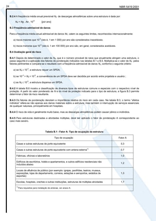 NBR 5419:200124
B.2.4 A freqüência média anual previsível Nd de descargas atmosféricas sobre uma estrutura é dada por:
Nd = Ng . Ae . 10
-6
[por ano]
B.3 Freqüência admissível de danos
Para a freqüência média anual admissível de danos Nc, valem os seguintes limites, reconhecidos internacionalmente:
a) riscos maiores que 10
-3
(isto é, 1 em 1 000) por ano são considerados inaceitáveis;
b) riscos menores que 10
-5
(isto é, 1 em 100 000) por ano são, em geral, considerados aceitáveis.
B.4 Avaliação geral de risco
B.4.1 Depois de determinado o valor de Nd, que é o número provável de raios que anualmente atingem uma estrutura, o
passo seguinte é a aplicação dos fatores de ponderação indicados nas tabelas B.1 a B.5. Multiplica-se o valor de Nd pelos
fatores pertinentes e compara-se o resultado com a freqüência admissível de danos Nc, conforme o seguinte critério:
a) se Nd ≥ 10
-3
, a estrutura requer um SPDA;
b) se 10-3
> Nd > 10
-5
, a conveniência de um SPDA deve ser decidida por acordo entre projetista e usuário ;
c) se Nd ≤ 10-5
, a estrutura dispensa um SPDA.
B.4.2 A tabela B.6 mostra a classificação de diversos tipos de estruturas comuns e especiais com o respectivo nível de
proteção. A partir do valor ponderado de N e do nível de proteção indicado para o tipo de estrutura, a figura B.3 permite
determinar o fator de risco resultante.
B.4.3 Os fatores de ponderação denotam a importância relativa do risco em cada caso. Na tabela B.3, o termo “efeitos
indiretos” refere-se não apenas aos danos materiais sobre a estrutura, mas também à interrupção de serviços essenciais
de qualquer natureza, principalmente em hospitais.
B.4.4 O risco de vida é geralmente muito baixo, mas as descargas atmosféricas podem causar pânico e incêndios.
B.4.5 Para estruturas destinadas a atividades múltiplas, deve ser aplicado o fator de ponderação A correspondente ao
caso mais severo.
Tabela B.1 - Fator A: Tipo de ocupação da estrutura
Tipo de ocupação Fator A
Casas e outras estruturas de porte equivalente 0,3
Casas e outras estruturas de porte equivalente com antena externa
1)
0,7
Fábricas, oficinas e laboratórios 1,0
Edifícios de escritórios, hotéis e apartamentos, e outros edifícios residenciais não
incluídos abaixo
1,2
Locais de afluência de público (por exemplo: igrejas, pavilhões, teatros, museus,
exposições, lojas de departamento, correios, estações e aeroportos, estádios de
esportes)
1,3
Escolas, hospitais, creches e outras instituições, estruturas de múltiplas atividades 1,7
1)
Para requisitos para instalação de antenas, ver anexo A.
Cópia não autorizada
 