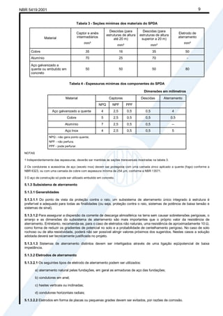 NBR 5419:2001 9
Tabela 3 - Seções mínimas dos materiais do SPDA
Material
Captor e anéis
intermediários
mm²
Descidas (para
estruturas de altura
até 20 m)
mm²
Descidas (para
estruturas de altura
superior a 20 m)
mm²
Eletrodo de
aterramento
mm²
Cobre 35 16 35 50
Alumínio 70 25 70 -
Aço galvanizado a
quente ou embutido em
concreto
50 50 50 80
Tabela 4 - Espessuras mínimas dos componentes do SPDA
Dimensões em milímetros
Captores Descidas AterramentoMaterial
NPQ NPF PPF
Aço galvanizado a quente 4 2,5 0,5 0,5 4
Cobre 5 2,5 0,5 0,5 0,5
Alumínio 7 2,5 0,5 0,5 --
Aço Inox 4 2,5 0,5 0,5 5
NPQ - não gera ponto quente;
NPF - não perfura;
PPF - pode perfurar.
NOTAS
1 Independentemente das espessuras, deverão ser mantidas as seções transversais mostradas na tabela 3.
2 Os condutores e acessórios de aço (exceto inox) devem ser protegidos com uma camada zinco aplicado a quente (fogo) conforme a
NBR 6323, ou com uma camada de cobre com espessura mínima de 254 µm, conforme a NBR 13571.
3 O aço de construção só pode ser utilizado embutido em concreto.
5.1.3 Subsistema de aterramento
5.1.3.1 Generalidades
5.1.3.1.1 Do ponto de vista da proteção contra o raio, um subsistema de aterramento único integrado à estrutura é
preferível e adequado para todas as finalidades (ou seja, proteção contra o raio, sistemas de potência de baixa tensão e
sistemas de sinal).
5.1.3.1.2 Para assegurar a dispersão da corrente de descarga atmosférica na terra sem causar sobretensões perigosas, o
arranjo e as dimensões do subsistema de aterramento são mais importantes que o próprio valor da resistência de
aterramento. Entretanto, recomenda-se, para o caso de eletrodos não naturais, uma resistência de aproximadamente 10 Ω,
como forma de reduzir os gradientes de potencial no solo e a probabilidade de centelhamento perigoso. No caso de solo
rochoso ou de alta resistividade, poderá não ser possível atingir valores próximos dos sugeridos. Nestes casos a solução
adotada deverá ser tecnicamente justificada no projeto.
5.1.3.1.3 Sistemas de aterramento distintos devem ser interligados através de uma ligação eqüipotencial de baixa
impedância.
5.1.3.2 Eletrodos de aterramento
5.1.3.2.1 Os seguintes tipos de eletrodo de aterramento podem ser utilizados:
a) aterramento natural pelas fundações, em geral as armaduras de aço das fundações;
b) condutores em anel;
c) hastes verticais ou inclinadas;
d) condutores horizontais radiais;
5.1.3.2.2 Eletrodos em forma de placas ou pequenas grades devem ser evitados, por razões de corrosão.
Cópia não autorizada
 