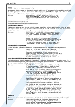 NBR 6023:2002 7
7.6.3 Evento como um todo em meio eletrônico
As referências devem obedecer aos padrões indicados para evento como um todo, de acordo com 7.6.1 e 7.6.2, acrescidas
das informações relativas à descrição física do meio eletrônico (disquetes, CD-ROM, online etc.). Quando se tratar de obras
consultadas online, proceder-se-á conforme 7.2.2.
Exemplo: CONGRESSO DE INICIAÇÃO CIENTÍFICA DA UFPe, 4., 1996,
Recife. Anais eletrônicos... Recife: UFPe, 1996. Disponível em:
<http://www.propesq.ufpe.br/anais/anais.htm>. Acesso em: 21 jan.
1997.
7.7 Trabalho apresentado em evento
Inclui trabalhos apresentados em evento (parte do evento).
7.7.1 Elementos essenciais
Os elementos essenciais são: autor(es), título do trabalho apresentado, seguido da expressão In:, nome do evento,
numeração do evento (se houver), ano e local (cidade) de realização, título do documento (anais, atas, tópico temático
etc.), local, editora, data de publicação e página inicial e final da parte referenciada.
Exemplos: BRAYNER, A. R. A.; MEDEIROS, C. B. Incorporação do tempo em
SGBD orientado a objetos. In: SIMPÓSIO BRASILEIRO DE BANCO
DE DADOS, 9., 1994, São Paulo. Anais... São Paulo: USP, 1994. p.
16-29.
SOUZA, L. S.; BORGES, A. L.; REZENDE, J. O. Influência da
correção e do preparo do solo sobre algumas propriedades químicas
do solo cultivado com bananeiras. In: REUNIÃO BRASILEIRA DE
FERTILIDADE DO SOLO E NUTRIÇÃO DE PLANTAS, 21., 1994,
Petrolina. Anais... Petrolina: EMBRAPA, CPATSA, 1994. p. 3-4.
7.7.2 Elementos complementares
Quando necessário, acrescentam-se elementos complementares à referência para melhor identificar o documento.
Exemplo: MARTIN NETO, L.; BAYER, C.; MIELNICZUK, J. Alterações
qualitativas da matéria orgânica e os fatores determinantes da sua
estabilidade num solo podzólico vermelho-escuro em diferentes
sistemas de manejo. In: CONGRESSO BRASILEIRO DE CIÊNCIA DO
SOLO, 26., 1997, Rio de Janeiro. Resumos... Rio de Janeiro:
Sociedade Brasileira de Ciência do Solo, 1997. p. 443, ref. 6-141.
7.7.3 Trabalho apresentado em evento em meio eletrônico
As referências devem obedecer aos padrões indicados para trabalhos apresentados em evento, de acordo com 7.7.1 e
7.7.2, acrescidas das informações relativas à descrição física do meio eletrônico (disquetes, CD-ROM, online etc.). Quando
se tratar de obras consultadas online, proceder-se-á conforme 7.2.2.
Exemplos: GUNCHO, M. R. A educação à distância e a biblioteca universitária.
In: SEMINÁRIO DE BIBLIOTECAS UNIVERSITÁRIAS, 10., 1998,
Fortaleza. Anais... Fortaleza: Tec Treina, 1998. 1 CD-ROM.
SILVA, R. N.; OLIVEIRA, R. Os limites pedagógicos do paradigma da
qualidade total na educação. In: CONGRESSO DE INICIAÇÃO
CIENTÍFICA DA UFPe, 4., 1996, Recife. Anais eletrônicos... Recife:
UFPe, 1996. Disponível em: <http://www. propesq. ufpe.br/
anais/anais/educ/ce04.htm>. Acesso em: 21 jan. 1997.
SABROZA, P. C. Globalização e saúde: impacto nos perfis
epidemiológicos das populações. In: CONGRESSO BRASILEIRO DE
EPIDEMIOLOGIA, 4., 1998, Rio de Janeiro. Anais eletrônicos... Rio
de Janeiro: ABRASCO, 1998. Mesa-redonda. Disponível em:
<http://www.abrasco.com.br/epirio98/>. Acesso em: 17 jan. 1999.
KRZYZANOWSKI, R. F. Valor agregado no mundo da informação: um
meio de criar novos espaços competitivos a partir da tecnologia da
informação e melhor satisfazer às necessidades dos clientes/usuários.
In: CONGRESSO REGIONAL DE INFORMAÇÃO EM CIÊNCIAS DA
SAÚDE, 3., 1996, Rio de Janeiro. Interligações da tecnologia da
informação: um elo futuro. Disponível em: <http://www.bireme.br/cgi-
bin/crics3/texto?titulo= VALOR+AGREGADO+NO+MUNDO>. Acesso
em: 26 jan. 1999.
7.8 Patente
Os elementos essenciais são: entidade responsável e/ou autor, título, número da patente e datas (do período de registro).
Exemplo: EMBRAPA. Unidade de Apoio, Pesquisa e Desenvolvimento de
Instrumentação Agropecuária (São Carlos, SP). Paulo Estevão
Cruvinel. Medidor digital multissensor de temperatura para solos.
BR n. PI 8903105-9, 26 jun. 1989, 30 maio 1995.
Cópia não autorizada
 