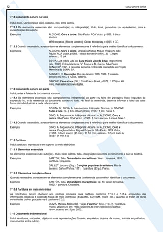 NBR 6023:2002
12
7.13 Documento sonoro no todo
Inclui disco, CD (compact disc), cassete, rolo, entre outros.
7.13.1 Os elementos essenciais são: compositor(es) ou intérprete(s), título, local, gravadora (ou equivalente), data e
especificação do suporte.
Exemplos: ALCIONE. Ouro e cobre. São Paulo: RCA Victor, p1988. 1 disco
sonoro.
MPB especial. [Rio de Janeiro]: Globo: Movieplay, c1995. 1 CD.
7.13.2 Quando necessário, acrescentam-se elementos complementares à referência para melhor identificar o documento.
Exemplos: ALCIONE. Ouro e cobre. Direção artística: Miguel Propschi. São
Paulo: RCA Victor, p1988. 1 disco sonoro (45 min), 33 1/3 rpm,
estereo., 12 pol.
SILVA, Luiz Inácio Lula da. Luiz Inácio Lula da Silva: depoimento
[abr. 1991]. Entrevistadores: V. Tremel e M. Garcia. São Paulo:
SENAI-SP, 1991. 2 cassetes sonoros. Entrevista concedida ao Projeto
Memória do SENAI-SP.
FAGNER, R. Revelação. Rio de Janeiro: CBS, 1988. 1 cassete
sonoro (60 min), 3 ¾ pps, estereo.
SIMONE. Face a face. [S.l.]: Emi-Odeon Brasil, p1977. 1 CD (ca. 40
min). Remasterizado em digital.
7.14 Documento sonoro em parte
Inclui partes e faixas de documentos sonoros.
7.14.1 Os elementos essenciais são: compositor(es), intérprete(s) da parte (ou faixa de gravação), título, seguidos da
expressão In:, e da referência do documento sonoro no todo. No final da referência, deve-se informar a faixa ou outra
forma de individualizar a parte referenciada.
Exemplos: COSTA, S.; SILVA, A. Jura secreta. Intérprete: Simone. In: SIMONE.
Face a face. [S.l.]: Emi-Odeon Brasil, p1977. 1 CD. Faixa 7.
GINO, A. Toque macio. Intérprete: Alcione. In: ALCIONE. Ouro e
cobre. São Paulo: RCA Victor, p1988. 1 disco sonoro. Lado A, faixa 1.
7.14.2 Quando necessário, acrescentam-se elementos complementares à referência para melhor identificar o documento.
Exemplo: GINO, A. Toque macio. Intérprete: Alcione. In: ALCIONE. Ouro e
cobre. Direção artística: Miguel Propschi. São Paulo: RCA Victor,
p1988. 1 disco sonoro (45 min), 33 1/3 rpm, estereo., 12 pol. Lado A,
faixa 1 (4 min 3 s).
7.15 Partitura
Inclui partituras impressas e em suporte ou meio eletrônico.
7.15.1 Elementos essenciais
Os elementos essenciais são: autor(es), título, local, editora, data, designação específica e instrumento a que se destina.
Exemplos: BARTÓK, Béla. O mandarim maravilhoso. Wien: Universal, 1952. 1
partitura. Orquestra.
GALLET, Luciano (Org.). Canções populares brasileiras. Rio de
Janeiro: Carlos Wehns, 1851. 1 partitura (23 p.). Piano.
7.15.2 Elementos complementares
Quando necessário, acrescentam-se elementos complementares à referência para melhor identificar o documento.
Exemplo: BARTÓK, Béla. O mandarim maravilhoso: op. 19. Wien: Universal,
1952. 1 partitura. Orquestra.
7.15.3 Partitura em meio eletrônico
As referências devem obedecer aos padrões indicados para partitura, conforme 7.15.1 e 7.15.2, acrescidas das
informações relativas à descrição física do meio eletrônico (disquetes, CD-ROM, online etc.). Quando se tratar de obras
consultadas online, proceder-se-á conforme 7.2.2.
Exemplo: OLIVA, Marcos; MOCOTÓ, Tiago. Fervilhar: frevo. [19--?]. 1 partitura.
Piano. Disponível em: <http://openlink.br.inter.net/picolino/partitur.
htm>. Acesso em: 5 jan. 2002.
7.16 Documento tridimensional
Inclui esculturas, maquetes, objetos e suas representações (fósseis, esqueletos, objetos de museu, animais empalhados,
monumentos entre outros).
Cópia não autorizada
 