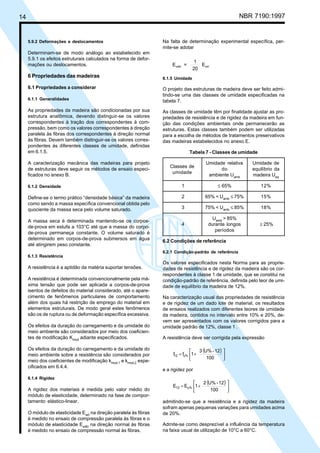 14 NBR 7190:1997
5.9.2 Deformações e deslocamentos
Determinam-se de modo análogo ao estabelecido em
5.9.1 os efeitos estruturais calculados na forma de defor-
mações ou deslocamentos.
6 Propriedades das madeiras
6.1 Propriedades a considerar
6.1.1 Generalidades
As propriedades da madeira são condicionadas por sua
estrutura anatômica, devendo distinguir-se os valores
correspondentes à tração dos correspondentes à com-
pressão, bem como os valores correspondentes à direção
paralela às fibras dos correspondentes à direção normal
às fibras. Devem também distinguir-se os valores corres-
pondentes às diferentes classes de umidade, definidas
em 6.1.5.
A caracterização mecânica das madeiras para projeto
de estruturas deve seguir os métodos de ensaio especi-
ficados no anexo B.
6.1.2 Densidade
Define-se o termo prático “densidade básica” da madeira
como sendo a massa específica convencional obtida pelo
quociente da massa seca pelo volume saturado.
A massa seca é determinada mantendo-se os corpos-
de-prova em estufa a 103°C até que a massa do corpo-
de-prova permaneça constante. O volume saturado é
determinado em corpos-de-prova submersos em água
até atingirem peso constante.
6.1.3 Resistência
A resistência é a aptidão da matéria suportar tensões.
A resistência é determinada convencionalmente pela má-
xima tensão que pode ser aplicada a corpos-de-prova
isentos de defeitos do material considerado, até o apare-
cimento de fenômenos particulares de comportamento
além dos quais há restrição de emprego do material em
elementos estruturais. De modo geral estes fenômenos
são os de ruptura ou de deformação específica excessiva.
Os efeitos da duração do carregamento e da umidade do
meio ambiente são considerados por meio dos coeficien-
tes de modificação Kmod
adiante especificados.
Os efeitos da duração do carregamento e da umidade do
meio ambiente sobre a resistência são considerados por
meio dos coeficientes de modificação kmod,1
e kmod,2
espe-
cificados em 6.4.4.
6.1.4 Rigidez
A rigidez dos materiais é medida pelo valor médio do
módulo de elasticidade, determinado na fase de compor-
tamento elástico-linear.
O módulo de elasticidade Ew0
na direção paralela às fibras
é medido no ensaio de compressão paralela às fibras e o
módulo de elasticidade Ew90
na direção normal às fibras
é medido no ensaio de compressão normal às fibras.
Na falta de determinação experimental específica, per-
mite-se adotar
E =
1
20
Ew90 w0
6.1.5 Umidade
O projeto das estruturas de madeira deve ser feito admi-
tindo-se uma das classes de umidade especificadas na
tabela 7.
As classes de umidade têm por finalidade ajustar as pro-
priedades de resistência e de rigidez da madeira em fun-
ção das condições ambientais onde permanecerão as
estruturas. Estas classes também podem ser utilizadas
para a escolha de métodos de tratamentos preservativos
das madeiras estabelecidos no anexo E.
Tabela 7 - Classes de umidade
Umidade relativa Umidade de
do equilíbrio da
ambiente Uamb
madeira Ueq
1 ≤ 65% 12%
2 65% < Uamb
≤ 75% 15%
3 75% < Uamb
≤ 85% 18%
Uamb
> 85%
4 durante longos ≥ 25%
períodos
6.2 Condições de referência
6.2.1 Condição-padrão de referência
Os valores especificados nesta Norma para as proprie-
dades de resistência e de rigidez da madeira são os cor-
respondentes à classe 1 de umidade, que se constitui na
condição-padrão de referência, definida pelo teor de umi-
dade de equilíbrio da madeira de 12%.
Na caracterização usual das propriedades de resistência
e de rigidez de um dado lote de material, os resultados
de ensaios realizados com diferentes teores de umidade
da madeira, contidos no intervalo entre 10% e 20%, de-
vem ser apresentados com os valores corrigidos para a
umidade padrão de 12%, classe 1 .
A resistência deve ser corrigida pela expressão
( )






+=
100
12-U%3
1ff u%12
e a rigidez por
( )






+=
100
12-U%2
1EE u%12
admitindo-se que a resistência e a rigidez da madeira
sofram apenas pequenas variações para umidades acima
de 20%.
Admite-se como desprezível a influência da temperatura
na faixa usual de utilização de 10°C a 60°C.
Classes de
umidade
Cópia não autorizada
 