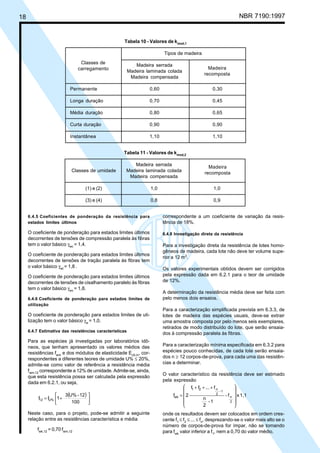 18 NBR 7190:1997
Tabela 10 - Valores de kmod,1
Tipos de madeira
Madeira serrada
Madeira laminada colada
Madeira compensada
Permanente 0,60 0,30
Longa duração 0,70 0,45
Média duração 0,80 0,65
Curta duração 0,90 0,90
Instantânea 1,10 1,10
Classes de
carregamento Madeira
recomposta
Tabela 11 - Valores de kmod,2
Madeira serrada
Classes de umidade Madeira laminada colada
Madeira compensada
(1) e (2) 1,0 1,0
(3) e (4) 0,8 0,9
Madeira
recomposta
6.4.5 Coeficientes de ponderação da resistência para
estados limites últimos
O coeficiente de ponderação para estados limites últimos
decorrentes de tensões de compressão paralela às fibras
tem o valor básico γwc
= 1,4.
O coeficiente de ponderação para estados limites últimos
decorrentes de tensões de tração paralela às fibras tem
o valor básico γwt
= 1,8 .
O coeficiente de ponderação para estados limites últimos
decorrentes de tensões de cisalhamento paralelo às fibras
tem o valor básico γwv
= 1,8.
6.4.6 Coeficiente de ponderação para estados limites de
utilização
O coeficiente de ponderação para estados limites de uti-
lização tem o valor básico γw
= 1,0.
6.4.7 Estimativa das resistências características
Para as espécies já investigadas por laboratórios idô-
neos, que tenham apresentado os valores médios das
resistências fwm
e dos módulos de elasticidade Ec0,m
, cor-
respondentes a diferentes teores de umidade U% ≤ 20%,
admite-se como valor de referência a resistência média
fwm,12
correspondente a 12% de umidade. Admite-se, ainda,
que esta resistência possa ser calculada pela expressão
dada em 6.2.1, ou seja,
( )






+=
100
12-U%3
1ff U%12
Neste caso, para o projeto, pode-se admitir a seguinte
relação entre as resistências característica e média
fwk,12
= 0,70 fwm,12
correspondente a um coeficiente de variação da resis-
tência de 18%.
6.4.8 Investigação direta da resistência
Para a investigação direta da resistência de lotes homo-
gêneos de madeira, cada lote não deve ter volume supe-
rior a 12 m3
.
Os valores experimentais obtidos devem ser corrigidos
pela expressão dada em 6.2.1 para o teor de umidade
de 12%.
A determinação da resistência média deve ser feita com
pelo menos dois ensaios.
Para a caracterização simplificada prevista em 6.3.3, de
lotes de madeira das espécies usuais, deve-se extrair
uma amostra composta por pelo menos seis exemplares,
retirados de modo distribuído do lote, que serão ensaia-
dos à compressão paralela às fibras.
Para a caracterização mínima especificada em 6.3.2 para
espécies pouco conhecidas, de cada lote serão ensaia-
dos n ≥ 12 corpos-de-prova, para cada uma das resistên-
cias a determinar.
O valor característico da resistência deve ser estimado
pela expressão
1,1xf-
1-
2
n
f...ff
2f
2
n
1-
2
n21
wk











 +++
=
onde os resultados devem ser colocados em ordem cres-
cente f1
≤ f2
≤ ... ≤ fn
, desprezando-se o valor mais alto se o
número de corpos-de-prova for ímpar, não se tomando
para fwk
valor inferior a f1
, nem a 0,70 do valor médio.
Cópia não autorizada
 