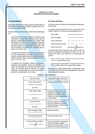 42 NBR 7190:1997
A.1 Generalidades
Este anexo apresenta as regras gerais de elaboração de
desenhos de estruturas de madeira baseado nas reco-
mendações da NBR 10067.
Os desenhos das estruturas de madeira são classificados
em:
a) desenhos de conjunto: desenhos utilizados para
representar o arranjo geral da estrutura por meio de
plantas, de elevações, de seções e de cortes. Estes
desenhos devem ser feitos em escalas adequadas
ao tamanho da obra a ser representada, para que
não haja dúvidas na identificação das partes. Para
obras correntes, recomenda-se o emprego das es-
calas 1:10, 1:50 e 1:100;
b) desenhos de detalhe: utilizados para representar
minúcias necessárias à execução e arranjo de com-
ponentes. Estes desenhos podem incluir plantas, ele-
vações, seções e cortes, recomendando-se as esca-
las 1:1, 1:5, 1:10, 1:20;
c) desenhos de montagem: também denominados
diagramas de montagem, devem ser utilizados para
indicar as operações de construção da estrutura. In-
cluem um esquema geral do conjunto, em escala
adequada à complexidade do arranjo. Este desenho
pode ser complementado com croquis.
A.2 Tipos de linhas
As linhas a serem utilizadas são identificadas pela espes-
sura e forma.
As espessuras são classificadas como: traço grosso, traço
médio e traço fino. As formas são classificadas como:
linha cheia
linha tracejada
linha traço-ponto
linha traço-dois pontos
linha à mão livre
A determinação das espessuras das linhas é feita em
função da progressão aritmética de razão 0,2 mm. Na
maioria dos casos, são suficientes as espessuras se-
guintes:
a) 0,1 mm, 0,3 mm, 0,5 mm; e 0,3 mm, 0,5 mm,
0,7 mm - quando feitos a tinta;
b) 0,3 mm (H), 0,5 mm (HB), 0,7 mm (B); e 0,5 mm (F),
0,7 mm (HB), 0,9 mm (B) - quando feitos a lápis.
Na tabela A.1 estão representadas as aplicações mais
importantes dos tipos de linhas empregadas em desenhos
de estruturas de madeira.
Anexo A (normativo)
Desenho de estruturas de madeira
Tabela A.1 - Tipos de linhas
Tipos de linhas Aplicações mais importantes
Linha cheia grossa Contorno de superfícies cortadas
(0,7 mm)
Linha cheia média Arestas visíveis, contorno de
superfícies cortadas, quando
estreitas ou pequenas, setas,
números de cotas, designações
(0,5 mm) e observações
Linha cheia fina Linhas de cota e de chamada,
linhas de referência, hachuras,
seções traçadas na própria vista
(0,3 mm) e linha de centro
Linha tracejada média Arestas invisíveis
Linha traço-ponto fina Linhas de centro, eixos
Linha à mão livre (média) Linha de pequenas separações
e limites de vistas e seções
parciais ou interrompidas, se não
coincidir com a linha traço-ponto
Cópia não autorizada
 