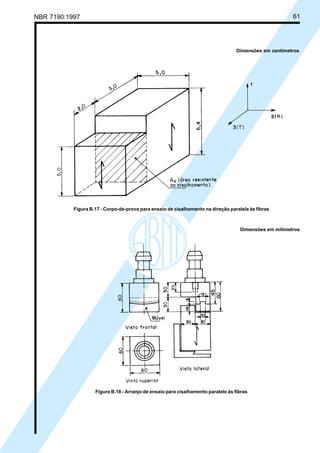 NBR 7190:1997 61
Dimensões em centímetros
Figura B.17 - Corpo-de-prova para ensaio de cisalhamento na direção paralela às fibras
Dimensões em milímetros
Figura B.18 - Arranjo de ensaio para cisalhamento paralelo às fibras
Cópia não autorizada
 