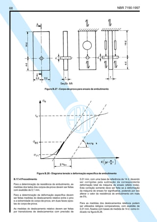 68 NBR 7190:1997
0,01 mm, com uma base de referência de 14 d, devendo
ser corrigidas pela subtração da correspondente
deformação total da máquina de ensaio (efeito mola).
Esta correção somente deve ser feita se a deformação
da máquina de ensaio for significativa, podendo por isto
alterar o valor da resistência de embutimento em mais
de 5%.
Para as medidas dos deslocamentos relativos podem
ser utilizados relógios comparadores, com exatidão de
0,01 mm, fixados com bases de medida de 14 d, como in-
dicado na figura B.28.
Figura B.27 - Corpo-de-prova para ensaio de embutimento
Figura B.28 - Diagrama tensão x deformação específica de embutimento
B.17.4 Procedimento
Para a determinação da resistência de embutimento, as
medidas dos lados dos corpos-de-prova devem ser feitas
com exatidão de 0,1 mm.
Para a determinação da deformação específica devem
ser feitas medidas do deslocamento relativo entre o pino
e a extremidade do corpo-de-prova, em duas faces opos-
tas do corpo-de-prova.
As medidas do deslocamento relativo devem ser feitas
por transdutores de deslocamentos com precisão de
Cópia não autorizada
 