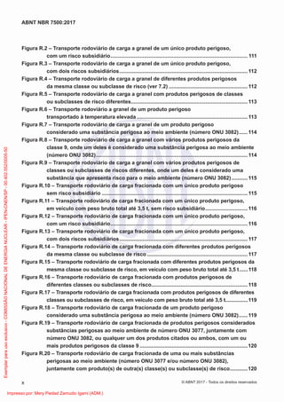 Figura R.2 – Transporte rodoviário de carga a granel de um único produto perigoso,
com um risco subsidiário.............................................................................................. 111
Figura R.3 – Transporte rodoviário de carga a granel de um único produto perigoso,
com dois riscos subsidiários........................................................................................112
Figura R.4 – Transporte rodoviário de carga a granel de diferentes produtos perigosos
da mesma classe ou subclasse de risco (ver 7.2) ......................................................112
Figura R.5 – Transporte rodoviário de carga a granel com produtos perigosos de classes
ou subclasses de risco diferentes................................................................................113
Figura R.6 – Transporte rodoviário a granel de um produto perigoso
transportado à temperatura elevada ............................................................................113
Figura R.7 – Transporte rodoviário de carga a granel de um produto perigoso
considerado uma substância perigosa ao meio ambiente (número ONU 3082)......114
Figura R.8 – Transporte rodoviário de carga a granel com vários produtos perigosos da
classe 9, onde um deles é considerado uma substância perigosa ao meio ambiente
(número ONU 3082)........................................................................................................114
Figura R.9 – Transporte rodoviário de carga a granel com vários produtos perigosos de
classes ou subclasses de riscos diferentes, onde um deles é considerado uma
substância que apresenta risco para o meio ambiente (número ONU 3082)...........115
Figura R.10 – Transporte rodoviário de carga fracionada com um único produto perigoso
sem risco subsidiário ....................................................................................................115
Figura R.11 – Transporte rodoviário de carga fracionada com um único produto perigoso,
em veículo com peso bruto total até 3,5 t, sem risco subsidiário.............................116
Figura R.12 – Transporte rodoviário de carga fracionada com um único produto perigoso,
com um risco subsidiário..............................................................................................116
Figura R.13 – Transporte rodoviário de carga fracionada com um único produto perigoso,
com dois riscos subsidiários........................................................................................117
Figura R.14 – Transporte rodoviário de carga fracionada com diferentes produtos perigosos
da mesma classe ou subclasse de risco .....................................................................117
Figura R.15 – Transporte rodoviário de carga fracionada com diferentes produtos perigosos da
mesma classe ou subclasse de risco, em veículo com peso bruto total até 3,5 t......118
Figura R.16 – Transporte rodoviário de carga fracionada com produtos perigosos de
diferentes classes ou subclasses de risco..................................................................118
Figura R.17 – Transporte rodoviário de carga fracionada com produtos perigosos de diferentes
classes ou subclasses de risco, em veículo com peso bruto total até 3,5 t................119
Figura R.18 – Transporte rodoviário de carga fracionada de um produto perigoso
considerado uma substância perigosa ao meio ambiente (número ONU 3082)......119
Figura R.19 – Transporte rodoviário de carga fracionada de produtos perigosos considerados
substâncias perigosas ao meio ambiente de número ONU 3077, juntamente com
número ONU 3082, ou qualquer um dos produtos citados ou ambos, com um ou
mais produtos perigosos da classe 9 ..........................................................................120
Figura R.20 – Transporte rodoviário de carga fracionada de uma ou mais substâncias
perigosas ao meio ambiente (número ONU 3077 e/ou número ONU 3082),
juntamente com produto(s) de outra(s) classe(s) ou subclasse(s) de risco............120
x
ABNT NBR 7500:2017
© ABNT 2017 - Todos os direitos reservados
Exemplar
para
uso
exclusivo
-
COMISSÃO
NACIONAL
DE
ENERGIA
NUCLEAR
-
IPEN-CNEN/SP
-
00.402.552/0005-50
Impresso por: Mery Piedad Zamudio Igami (ADM.)
 