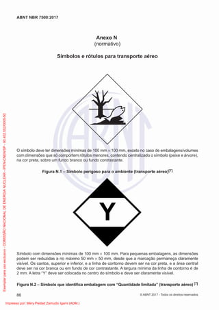 Anexo N
(normativo)
Símbolos e rótulos para transporte aéreo
O símbolo deve ter dimensões mínimas de 100 mm × 100 mm, exceto no caso de embalagens/volumes
com dimensões que só comportem rótulos menores, contendo centralizado o símbolo (peixe e árvore),
na cor preta, sobre um fundo branco ou fundo contrastante.
Figura N.1 – Símbolo perigoso para o ambiente (transporte aéreo)[7]
Y
Símbolo com dimensões mínimas de 100 mm × 100 mm. Para pequenas embalagens, as dimensões
podem ser reduzidas a no máximo 50 mm × 50 mm, desde que a marcação permaneça claramente
visível. Os cantos, superior e inferior, e a linha de contorno devem ser na cor preta, e a área central
deve ser na cor branca ou em fundo de cor contrastante. A largura mínima da linha de contorno é de
2 mm. A letra “Y” deve ser colocada no centro do símbolo e deve ser claramente visível.
Figura N.2 – Símbolo que identiﬁca embalagem com “Quantidade limitada” (transporte aéreo) [7]
86
ABNT NBR 7500:2017
© ABNT 2017 - Todos os direitos reservados
Exemplar
para
uso
exclusivo
-
COMISSÃO
NACIONAL
DE
ENERGIA
NUCLEAR
-
IPEN-CNEN/SP
-
00.402.552/0005-50
Impresso por: Mery Piedad Zamudio Igami (ADM.)
 