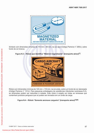 Símbolo com dimensões mínimas de 110 mm × 90 mm, na cor azul (Código Pantone n° 285U), sobre
fundo de cor branca.
Figura N.3 – Rótulo que identiﬁca “Material magnetizante” (transporte aéreo)[7]
Rótulo com dimensões mínimas de 120 mm × 110 mm, na cor preta, sobre um fundo de cor alaranjada
(Código Pantone n° 151U). Para pequenas embalagens de substâncias infectantes (subclasse 6.2),
as dimensões podem ser reduzidas à metade. Este rótulo é exigido em todas as remessas que
contenham produtos perigosos que só podem ser enviados em um avião de carga.
Figura N.4 – Rótulo “Somente aeronave cargueira” (transporte aéreo)[7][9]
87
ABNT NBR 7500:2017
© ABNT 2017 - Todos os direitos reservados
Exemplar
para
uso
exclusivo
-
COMISSÃO
NACIONAL
DE
ENERGIA
NUCLEAR
-
IPEN-CNEN/SP
-
00.402.552/0005-50
Impresso por: Mery Piedad Zamudio Igami (ADM.)
 