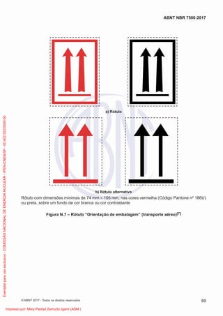 a) Rótulo
b) Rótulo alternativo
Rótulo com dimensões mínimas de 74 mm × 105 mm, nas cores vermelha (Código Pantone nº 186U)
ou preta, sobre um fundo de cor branca ou cor contrastante
Figura N.7 – Rótulo “Orientação de embalagem” (transporte aéreo)[7]
89
ABNT NBR 7500:2017
© ABNT 2017 - Todos os direitos reservados
Exemplar
para
uso
exclusivo
-
COMISSÃO
NACIONAL
DE
ENERGIA
NUCLEAR
-
IPEN-CNEN/SP
-
00.402.552/0005-50
Impresso por: Mery Piedad Zamudio Igami (ADM.)
 