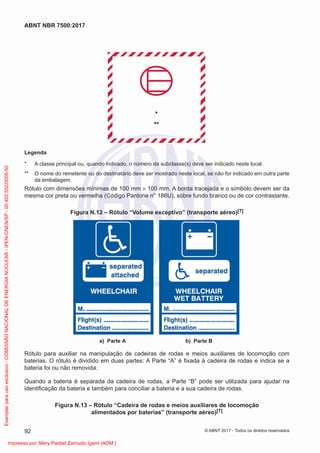 Legenda
* A classe principal ou, quando indicado, o número da subclasse(s) deve ser indicado neste local.
** O nome do remetente ou do destinatário deve ser mostrado neste local, se não for indicado em outra parte
da embalagem.
Rótulo com dimensões mínimas de 100 mm × 100 mm. A borda tracejada e o símbolo devem ser da
mesma cor preta ou vermelha (Código Pantone n° 186U), sobre fundo branco ou de cor contrastante.
Figura N.12 – Rótulo “Volume exceptivo” (transporte aéreo)[7]
a) Parte A b) Parte B
Rótulo para auxiliar na manipulação de cadeiras de rodas e meios auxiliares de locomoção com
baterias. O rótulo é dividido em duas partes: A Parte “A” é ﬁxada à cadeira de rodas e indica se a
bateria foi ou não removida.
Quando a bateria é separada da cadeira de rodas, a Parte “B” pode ser utilizada para ajudar na
identiﬁcação da bateria e também para conciliar a bateria e a sua cadeira de rodas.
Figura N.13 – Rótulo “Cadeira de rodas e meios auxiliares de locomoção
alimentados por baterias” (transporte aéreo)[7]
92
ABNT NBR 7500:2017
© ABNT 2017 - Todos os direitos reservados
Exemplar
para
uso
exclusivo
-
COMISSÃO
NACIONAL
DE
ENERGIA
NUCLEAR
-
IPEN-CNEN/SP
-
00.402.552/0005-50
Impresso por: Mery Piedad Zamudio Igami (ADM.)
 