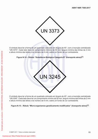 UN 3373
O símbolo deve ter a forma de um quadrado colocado em ângulo de 45°, com a inscrição centralizada
“UN 3373”. Cada lado deve ter comprimento mínimo de 50 mm, largura mínima das linhas de 2 mm
e altura mínima das letras e do número de 6 mm, sobre um fundo de cor contrastante.
Figura N.14 – Rótulo “Substância Biológica Categoria B” (transporte aéreo)[7]
UN 3245
O símbolo deve ter a forma de um quadrado colocado em ângulo de 45°, com a inscrição centralizada
“UN 3245”. Cada lado deve ter um comprimento mínimo de 50 mm, largura mínima das linhas de 2 mm
e altura mínima das letras e do número de 6 mm, sobre um fundo de cor contrastante.
Figura N.15 – Rótulo “Micro-organismos geneticamente modiﬁcados” (transporte aéreo)[7]
93
ABNT NBR 7500:2017
© ABNT 2017 - Todos os direitos reservados
Exemplar
para
uso
exclusivo
-
COMISSÃO
NACIONAL
DE
ENERGIA
NUCLEAR
-
IPEN-CNEN/SP
-
00.402.552/0005-50
Impresso por: Mery Piedad Zamudio Igami (ADM.)
 