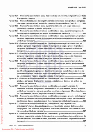 Figura R.21 – Transporte rodoviário de carga fracionada de um produto perigoso transportado
à temperatura elevada ...................................................................................................121
Figura R.22 – Transporte rodoviário de carga fracionada com dois ou mais produtos perigosos
diferentes transportados à temperatura elevada da mesma classe (ver 8.5) .............121
Figura R.23 – Transporte rodoviário de carga a granel juntamente com carga fracionada
(embalada) contendo produtos perigosos ..................................................................122
Figura R.24 – Transporte rodoviário em veículo combinado de carga a granel transportando
um único produto perigoso em ambas as unidades de transporte ..........................122
Figura R.25 – Transporte rodoviário em veículo combinado de carga a granel com um produto
perigoso na primeira unidade de transporte e outro produto perigoso na segunda
unidade de transporte....................................................................................................123
Figura R.26 – Transporte rodoviário em veículo combinado com carga fracionada com um
produto perigoso na primeira unidade de transporte e carga a granel de produtos
perigosos de diferentes classes ou subclasses de risco na segunda unidade de
transporte........................................................................................................................123
Figura R.27 – Transporte rodoviário em veículo combinado de carga a granel com um produto
perigoso na primeira unidade de transporte e produtos perigosos de classes ou
subclasses de risco diferentes na segunda unidade de transporte .........................124
Figura R.28 – Transporte rodoviário em veículo combinado de carga a granel com produtos
perigosos de diferentes classes ou subclasses de risco em ambas as unidades de
transporte........................................................................................................................124
Figura R.29 – Transporte rodoviário em veículo combinado de carga com carga fracionada
de diferentes produtos perigosos de diferentes classes ou subclasses de risco na
primeira unidade de transporte e produtos perigosos a granel de diferentes classes
ou subclasses de risco na segunda unidade de transporte......................................125
Figura R.30 – Transporte rodoviário em veículo combinado de carga fracionada com vários
produtos perigosos de diferentes classes ou subclasses de risco em ambas as
unidades de transporte..................................................................................................125
Figura R.31 – Transporte rodoviário em veículo combinado com carga fracionada de
diferentes produtos perigosos da mesma classe ou subclasse de risco na primeira
unidade de transporte e carga a granel de produtos perigosos de diferentes classes
ou subclasses de risco na segunda unidade de transporte......................................126
Figura R.32 – Transporte rodoviário em veículo combinado com carga a granel e embalagens/
volumes, de diferentes riscos na primeira unidade de transporte e carga fracionada com
de diferentes classes ou subclasses de risco na segunda unidade de transporte.........126
Figura R.33 – Transporte rodoviário em veículo combinado de carga a granel com
embalagens/volumes de produtos perigosos na primeira unidade de transporte e
carga granel com produtos perigosos de diferentes classes ou subclasses de risco
na segunda unidade de transporte...............................................................................127
Figura R.34 – Transporte rodoviário em veículo combinado a granel com um único produto
perigoso na primeira unidade de transporte e com produtos perigosos diferentes da
mesma classe ou subclasse de risco, com risco subsidiário na segunda unidade de
transporte........................................................................................................................127
xi
ABNT NBR 7500:2017
© ABNT 2017 - Todos os direitos reservados
Exemplar
para
uso
exclusivo
-
COMISSÃO
NACIONAL
DE
ENERGIA
NUCLEAR
-
IPEN-CNEN/SP
-
00.402.552/0005-50
Impresso por: Mery Piedad Zamudio Igami (ADM.)
 