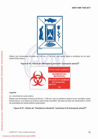 Rótulo com dimensões mínimas de 100 mm × 150 mm, com borda, texto e símbolos na cor azul,
sobre fundo branco.
Figura N.18 – Rótulo de “Mercadoria perecível” (transporte aéreo)[7]
Legenda
(a) Autoridade de saúde pública
Rótulo com dimensões mínimas de 50 mm × 100 mm, com os símbolo e textos na cor vermelha, sobre
fundo branco, e os textos em branco sobre fundo vermelho. Na área (a) deve ser preenchido o nome
da autoridade de saúde pública responsável.
Figura N.19 – Rótulo de “Substância infectante” (subclasse 6.2) (transporte aéreo)[7]
95
ABNT NBR 7500:2017
© ABNT 2017 - Todos os direitos reservados
Exemplar
para
uso
exclusivo
-
COMISSÃO
NACIONAL
DE
ENERGIA
NUCLEAR
-
IPEN-CNEN/SP
-
00.402.552/0005-50
Impresso por: Mery Piedad Zamudio Igami (ADM.)
 