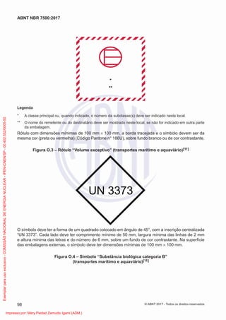 Legenda
* A classe principal ou, quando indicado, o número da subclasse(s) deve ser indicado neste local.
** O nome do remetente ou do destinatário deve ser mostrado neste local, se não for indicado em outra parte
da embalagem.
Rótulo com dimensões mínimas de 100 mm × 100 mm, a borda tracejada e o símbolo devem ser da
mesma cor (preta ou vermelha) (Código Pantone n° 186U), sobre fundo branco ou de cor contrastante.
Figura O.3 – Rótulo “Volume exceptivo” (transportes marítimo e aquaviário)[11]
UN 3373
O símbolo deve ter a forma de um quadrado colocado em ângulo de 45°, com a inscrição centralizada
“UN 3373”. Cada lado deve ter comprimento mínimo de 50 mm, largura mínima das linhas de 2 mm
e altura mínima das letras e do número de 6 mm, sobre um fundo de cor contrastante. Na superfície
das embalagens externas, o símbolo deve ter dimensões mínimas de 100 mm × 100 mm.
Figura O.4 – Símbolo “Substância biológica categoria B”
(transportes marítimo e aquaviário)[11]
98
ABNT NBR 7500:2017
© ABNT 2017 - Todos os direitos reservados
Exemplar
para
uso
exclusivo
-
COMISSÃO
NACIONAL
DE
ENERGIA
NUCLEAR
-
IPEN-CNEN/SP
-
00.402.552/0005-50
Impresso por: Mery Piedad Zamudio Igami (ADM.)
 