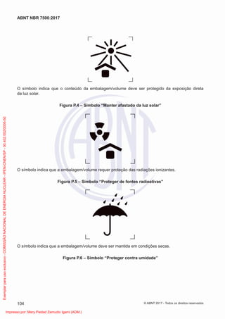 O símbolo indica que o conteúdo da embalagem/volume deve ser protegido da exposição direta
da luz solar.
Figura P.4 – Símbolo “Manter afastado da luz solar”
O símbolo indica que a embalagem/volume requer proteção das radiações ionizantes.
Figura P.5 – Símbolo “Proteger de fontes radioativas”
O símbolo indica que a embalagem/volume deve ser mantida em condições secas.
Figura P.6 – Símbolo “Proteger contra umidade”
104
ABNT NBR 7500:2017
© ABNT 2017 - Todos os direitos reservados
Exemplar
para
uso
exclusivo
-
COMISSÃO
NACIONAL
DE
ENERGIA
NUCLEAR
-
IPEN-CNEN/SP
-
00.402.552/0005-50
Impresso por: Mery Piedad Zamudio Igami (ADM.)
 