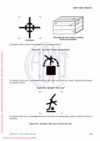 a) Símbolo
b) Exemplo de como utilizar o símbolo
“Centro de gravidade”
O símbolo indica o centro de gravidade da embalagem/volume.
Figura P.7 – Símbolo “Centro de gravidade”
O símbolo indica que a embalagem/volume não pode ser rolada ou virada, devendo permanecer
na posição vertical.
Figura P.8 – Símbolo “Não rolar”
O símbolo indica que a embalagem/volume não pode ser transportada usando carrinho de mão ou
carrinhos.
Figura P.9 – Símbolo “Não usar carrinho de mão”
105
ABNT NBR 7500:2017
© ABNT 2017 - Todos os direitos reservados
Exemplar
para
uso
exclusivo
-
COMISSÃO
NACIONAL
DE
ENERGIA
NUCLEAR
-
IPEN-CNEN/SP
-
00.402.552/0005-50
Impresso por: Mery Piedad Zamudio Igami (ADM.)
 