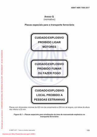 Anexo Q
(normativo)
Placas especiais para o transporte ferroviário
CUIDADO-EXPLOSIVO
PROIBIDO LIGAR
MOTORES
CUIDADO-EXPLOSIVO
PROIBIDO FUMAR
OU FAZER FOGO
CUIDADO-EXPLOSIVO
LOCAL PROIBIDO A
PESSOAS ESTRANHAS
Placas com dimensões mínimas de 400 mm de comprimento e 200 mm de largura, com letras de altura
não inferior a 20 mm.
Figura Q.1 – Placas especiais para sinalização da área de manuseiode explosivo no
transporte ferroviário
109
ABNT NBR 7500:2017
© ABNT 2017 - Todos os direitos reservados
Exemplar
para
uso
exclusivo
-
COMISSÃO
NACIONAL
DE
ENERGIA
NUCLEAR
-
IPEN-CNEN/SP
-
00.402.552/0005-50
Impresso por: Mery Piedad Zamudio Igami (ADM.)
 