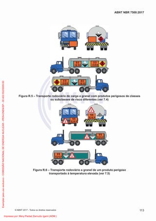 Figura R.5 – Transporte rodoviário de carga a granel com produtos perigosos de classes
ou subclasses de risco diferentes (ver 7.4)
Figura R.6 – Transporte rodoviário a granel de um produto perigoso
transportado à temperatura elevada (ver 7.5)
113
ABNT NBR 7500:2017
© ABNT 2017 - Todos os direitos reservados
Exemplar
para
uso
exclusivo
-
COMISSÃO
NACIONAL
DE
ENERGIA
NUCLEAR
-
IPEN-CNEN/SP
-
00.402.552/0005-50
Impresso por: Mery Piedad Zamudio Igami (ADM.)
 