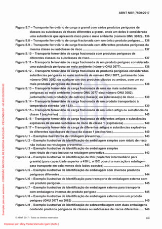 Figura S.7 – Transporte ferroviário de carga a granel com vários produtos perigosos de
classes ou subclasses de riscos diferentes a granel, onde um deles é considerado
uma substância que apresenta risco para o meio ambiente (número ONU 3082)...136
Figura S.8 – Transporte ferroviário de carga fracionada com um único produto perigoso.....136
Figura S.9 – Transporte ferroviário de carga fracionada com diferentes produtos perigosos da
mesma classe ou subclasse de risco ..........................................................................137
Figura S.10 – Transporte ferroviário de carga fracionada com produtos perigosos de
diferentes classes ou subclasses de risco..................................................................137
Figura S.11 – Transporte ferroviário de carga fracionada de um produto perigoso considerado
uma substância perigosa ao meio ambiente (número ONU 3077) ............................138
Figura S.12 – Transporte ferroviário de carga fracionada de produtos perigosos considerados
substâncias perigosas ao meio ambiente de número ONU 3077, juntamente com
número ONU 3082, ou qualquer um dos produtos citados ou ambos, com um ou
mais produtos perigosos da classe 9 ..........................................................................138
Figura S.13 – Transporte ferroviário de carga fracionada de uma ou mais substâncias
perigosas ao meio ambiente (número ONU 3077 e/ou número ONU 3082),
juntamente com produto(s) de outra(s) classe(s) ou subclasse(s) de risco............139
Figura S.14 – Transporte ferroviário de carga fracionada de um produto transportado à
temperatura elevada (ver 13.5)......................................................................................139
Figura S.15 – Transporte ferroviário de carga fracionada de um único artigo ou substância da
classe 1 (explosivo) .......................................................................................................140
Figura S.16 – Transporte ferroviário de carga fracionada de diferentes artigos e substâncias
explosivas da mesma subclasse de risco da classe 1 (explosivos).........................140
Figura S.17 – Transporte ferroviário de carga de diferentes artigos e substâncias explosivas
de diferentes subclasses de risco da classe 1 (explosivos)......................................140
Figura U.1 – Exemplos ilustrativos de rotulagem preventiva .....................................................143
Figura U.2 – Exemplo ilustrativo de identiﬁcação de embalagem simples com rótulo de risco
não incluso na rotulagem preventiva...........................................................................143
Figura U.3 – Exemplo ilustrativo de identiﬁcação de embalagem simples
com rótulo de risco incluso na rotulagem preventiva................................................143
Figura U.4 – Exemplo ilustrativo de identiﬁcação de IBC (contentor intermediário para
granéis) (para capacidade superior a 450 L, o IBC possui a marcação e rotulagem
para transporte em pelo menos dois lados opostos).................................................144
Figura U.5 – Exemplo ilustrativo de identiﬁcação de embalagem com diversos produtos
perigosos diferentes......................................................................................................144
Figura U.6 – Exemplo ilustrativo de identiﬁcação para transporte de embalagem externa com
um produto perigoso .....................................................................................................145
Figura U.7 – Exemplo ilustrativo de identiﬁcação de embalagem externa para transporte
com embalagens internas de produto perigoso .........................................................145
Figura U.8 – Exemplo ilustrativo de identiﬁcação de embalagem externa com um produto
perigoso (ONU 3077 ou 3082) .......................................................................................145
Figura U.9 – Exemplo ilustrativo de identiﬁcação de sobreembalagem com duas embalagens
contendo produtos perigosos de classes ou subclasses de riscos diferentes ......146
xiii
ABNT NBR 7500:2017
© ABNT 2017 - Todos os direitos reservados
Exemplar
para
uso
exclusivo
-
COMISSÃO
NACIONAL
DE
ENERGIA
NUCLEAR
-
IPEN-CNEN/SP
-
00.402.552/0005-50
Impresso por: Mery Piedad Zamudio Igami (ADM.)
 
