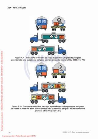 Figura R.7 – Transporte rodoviário de carga a granel de um produto perigoso
considerado uma substância perigosa ao meio ambiente (número ONU 3082) (ver 7.6)
Figura R.8 – Transporte rodoviário de carga a granel com vários produtos perigosos
da classe 9, onde um deles é considerado uma substância perigosa ao meio ambiente
(número ONU 3082) (ver 7.6.4)
114
ABNT NBR 7500:2017
© ABNT 2017 - Todos os direitos reservados
Exemplar
para
uso
exclusivo
-
COMISSÃO
NACIONAL
DE
ENERGIA
NUCLEAR
-
IPEN-CNEN/SP
-
00.402.552/0005-50
Impresso por: Mery Piedad Zamudio Igami (ADM.)
 