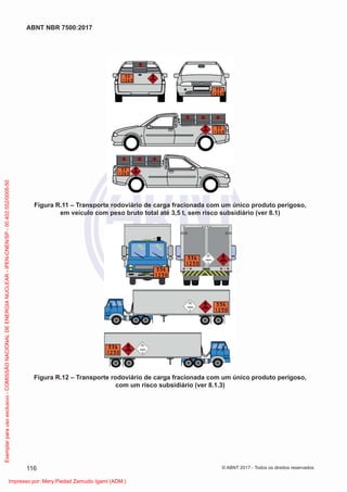 Figura R.11 – Transporte rodoviário de carga fracionada com um único produto perigoso,
em veículo com peso bruto total até 3,5 t, sem risco subsidiário (ver 8.1)
Figura R.12 – Transporte rodoviário de carga fracionada com um único produto perigoso,
com um risco subsidiário (ver 8.1.3)
116
ABNT NBR 7500:2017
© ABNT 2017 - Todos os direitos reservados
Exemplar
para
uso
exclusivo
-
COMISSÃO
NACIONAL
DE
ENERGIA
NUCLEAR
-
IPEN-CNEN/SP
-
00.402.552/0005-50
Impresso por: Mery Piedad Zamudio Igami (ADM.)
 