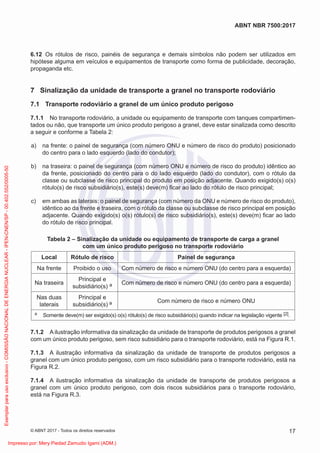 6.12 Os rótulos de risco, painéis de segurança e demais símbolos não podem ser utilizados em
hipótese alguma em veículos e equipamentos de transporte como forma de publicidade, decoração,
propaganda etc.
7 Sinalização da unidade de transporte a granel no transporte rodoviário
7.1 Transporte rodoviário a granel de um único produto perigoso
7.1.1 No transporte rodoviário, a unidade ou equipamento de transporte com tanques compartimen-
tados ou não, que transporte um único produto perigoso a granel, deve estar sinalizada como descrito
a seguir e conforme a Tabela 2:
a) na frente: o painel de segurança (com número ONU e número de risco do produto) posicionado
do centro para o lado esquerdo (lado do condutor);
b) na traseira: o painel de segurança (com número ONU e número de risco do produto) idêntico ao
da frente, posicionado do centro para o do lado esquerdo (lado do condutor), com o rótulo da
classe ou subclasse de risco principal do produto em posição adjacente. Quando exigido(s) o(s)
rótulo(s) de risco subsidiário(s), este(s) deve(m) ﬁcar ao lado do rótulo de risco principal;
c) em ambas as laterais: o painel de segurança (com número da ONU e número de risco do produto),
idêntico ao da frente e traseira, com o rótulo da classe ou subclasse de risco principal em posição
adjacente. Quando exigido(s) o(s) rótulo(s) de risco subsidiário(s), este(s) deve(m) ﬁcar ao lado
do rótulo de risco principal.
Tabela 2 – Sinalização da unidade ou equipamento de transporte de carga a granel
com um único produto perigoso no transporte rodoviário
Local Rótulo de risco Painel de segurança
Na frente Proibido o uso Com número de risco e número ONU (do centro para a esquerda)
Na traseira
Principal e
subsidiário(s) a Com número de risco e número ONU (do centro para a esquerda)
Nas duas
laterais
Principal e
subsidiário(s) a Com número de risco e número ONU
a Somente deve(m) ser exigido(s) o(s) rótulo(s) de risco subsidiário(s) quando indicar na legislação vigente [2].
7.1.2 A ilustração informativa da sinalização da unidade de transporte de produtos perigosos a granel
com um único produto perigoso, sem risco subsidiário para o transporte rodoviário, está na Figura R.1.
7.1.3 A ilustração informativa da sinalização da unidade de transporte de produtos perigosos a
granel com um único produto perigoso, com um risco subsidiário para o transporte rodoviário, está na
Figura R.2.
7.1.4 A ilustração informativa da sinalização da unidade de transporte de produtos perigosos a
granel com um único produto perigoso, com dois riscos subsidiários para o transporte rodoviário,
está na Figura R.3.
17
ABNT NBR 7500:2017
© ABNT 2017 - Todos os direitos reservados
Exemplar
para
uso
exclusivo
-
COMISSÃO
NACIONAL
DE
ENERGIA
NUCLEAR
-
IPEN-CNEN/SP
-
00.402.552/0005-50
Impresso por: Mery Piedad Zamudio Igami (ADM.)
 