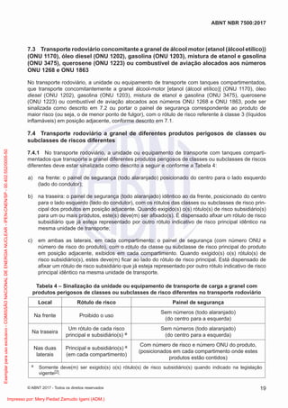 7.3 Transporte rodoviário concomitante a granel de álcool motor (etanol (álcool etílico))
(ONU 1170), óleo diesel (ONU 1202), gasolina (ONU 1203), mistura de etanol e gasolina
(ONU 3475), querosene (ONU 1223) ou combustível de aviação alocados aos números
ONU 1268 e ONU 1863
No transporte rodoviário, a unidade ou equipamento de transporte com tanques compartimentados,
que transporte concomitantemente a granel álcool-motor [etanol (álcool etílico)] (ONU 1170), óleo
diesel (ONU 1202), gasolina (ONU 1203), mistura de etanol e gasolina (ONU 3475), querosene
(ONU 1223) ou combustível de aviação alocados aos números ONU 1268 e ONU 1863, pode ser
sinalizada como descrito em 7.2 ou portar o painel de segurança correspondente ao produto de
maior risco (ou seja, o de menor ponto de fulgor), com o rótulo de risco referente à classe 3 (líquidos
inﬂamáveis) em posição adjacente, conforme descrito em 7.1.
7.4 Transporte rodoviário a granel de diferentes produtos perigosos de classes ou
subclasses de riscos diferentes
7.4.1 No transporte rodoviário, a unidade ou equipamento de transporte com tanques comparti-
mentados que transporte a granel diferentes produtos perigosos de classes ou subclasses de riscos
diferentes deve estar sinalizada como descrito a seguir e conforme a Tabela 4:
a) na frente: o painel de segurança (todo alaranjado) posicionado do centro para o lado esquerdo
(lado do condutor);
b) na traseira: o painel de segurança (todo alaranjado) idêntico ao da frente, posicionado do centro
para o lado esquerdo (lado do condutor), com os rótulos das classes ou subclasses de risco prin-
cipal dos produtos em posição adjacente. Quando exigido(s) o(s) rótulo(s) de risco subsidiário(s)
para um ou mais produtos, este(s) deve(m) ser aﬁxado(s). É dispensado aﬁxar um rótulo de risco
subsidiário que já esteja representado por outro rótulo indicativo de risco principal idêntico na
mesma unidade de transporte;
c) em ambas as laterais, em cada compartimento: o painel de segurança (com número ONU e
número de risco do produto), com o rótulo da classe ou subclasse de risco principal do produto
em posição adjacente, exibidos em cada compartimento. Quando exigido(s) o(s) rótulo(s) de
risco subsidiário(s), estes deve(m) ﬁcar ao lado do rótulo de risco principal. Está dispensado de
aﬁxar um rótulo de risco subsidiário que já esteja representado por outro rótulo indicativo de risco
principal idêntico na mesma unidade de transporte.
Tabela 4 – Sinalização da unidade ou equipamento de transporte de carga a granel com
produtos perigosos de classes ou subclasses de risco diferentes no transporte rodoviário
Local Rótulo de risco Painel de segurança
Na frente Proibido o uso
Sem números (todo alaranjado)
(do centro para a esquerda)
Na traseira
Um rótulo de cada risco
principal e subsidiário(s) a
Sem números (todo alaranjado)
(do centro para a esquerda)
Nas duas
laterais
Principal e subsidiário(s) a
(em cada compartimento)
Com número de risco e número ONU do produto,
(posicionados em cada compartimento onde estes
produtos estão contidos)
a Somente deve(m) ser exigido(s) o(s) rótulo(s) de risco subsidiário(s) quando indicado na legislação
vigente[2].
19
ABNT NBR 7500:2017
© ABNT 2017 - Todos os direitos reservados
Exemplar
para
uso
exclusivo
-
COMISSÃO
NACIONAL
DE
ENERGIA
NUCLEAR
-
IPEN-CNEN/SP
-
00.402.552/0005-50
Impresso por: Mery Piedad Zamudio Igami (ADM.)
 