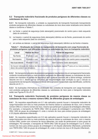 8.3 Transporte rodoviário fracionado de produtos perigosos de diferentes classes ou
subclasses de risco
8.3.1 No transporte rodoviário, a unidade ou equipamento de transporte fracionado transportando
produtos perigosos de diferentes classes ou subclasses de risco deve estar sinalizada como descrito
abaixo e conforme a Tabela 7:
a) na frente: o painel de segurança (todo alaranjado) posicionado do centro para o lado esquerdo
(lado do condutor);
b) na traseira: o painel de segurança (todo alaranjado) idêntico ao da frente, posicionado do centro
para o lado esquerdo (lado do condutor);
c) em ambas as laterais: o painel de segurança (todo alaranjado) idêntico ao da frente e traseira.
Tabela 7 – Sinalização da unidade ou equipamento de transporte com carga fracionada de
produtos perigosos com diferentes classes ou subclasses de risco no transporte rodoviário
Local Rótulo de risco Painel de segurança
Na frente Proibido o uso Sem números (todo alaranjado) (do centro para a esquerda)
Na traseira Proibido o uso Sem números (todo alaranjado) (do centro para a esquerda)
Nas duas laterais Proibido o uso Sem números (todo alaranjado)
Se houver indicação de rótulo(s) de risco subsidiário(s) na legislação vigente [2] para um ou mais produtos,
ele(s) não pode(m) ser aﬁxado(s).
8.3.2 No transporte rodoviário de produto(s) perigoso(s) resultante(s) de um carregamento fracionado,
contendo inicialmente dois ou mais produtos perigosos de diferentes classes ou subclasses de risco,
podem ser mantidos os painéis de segurança sem qualquer inscrição até a última entrega, conforme
descrito em 8.3.1, desde que se comprove por documentação esta condição ou que o veículo ou
equipamento de transporte correspondente ao último produto transportado seja identiﬁcado, conforme
descrito em 8.1.1.
8.3.3 As ilustrações informativas da sinalização das unidades de transporte com carga fracionada
com produtos perigosos de diferentes classes ou subclasses de risco para o transporte rodoviário
estão nas Figuras R.16 e R.17.
8.4 Transporte rodoviário fracionado de produtos perigosos da mesma classe ou
subclasse de risco e mesmo número ONU, de diferentes grupos de embalagem
8.4.1 Os requisitos especiﬁcados em 8.1 são aplicados quando houver o transporte rodoviário de
carga fracionada com dois ou mais produtos da mesma classe ou subclasse de risco, com o mesmo
número ONU e o mesmo número de risco, mesmo que pertençam a grupos de embalagens diferentes.
Por exemplo, o transporte de TINTA ONU 1263 do grupo de embalagem I juntamente com TINTA
ONU 1263 do grupo de embalagem II, onde o número de risco para ambos grupos de embalagem
é 33 (líquido altamente inﬂamável).
8.4.2 Os requisitos especiﬁcados em 8.2 são aplicados quando houver o transporte rodoviário de
carga fracionada com dois ou mais produtos da mesma classe ou subclasse de risco, com o mesmo
número ONU, porém com números de riscos diferentes, em razão de pertencerem a outro grupo de
embalagem. Por exemplo, o transporte de TINTA ONU 1263 do grupo de embalagem I ou II, onde o
número de risco para ambos grupos de embalagem é 33 (líquido altamente inﬂamável), juntamente
com TINTA ONU 1263 do grupo de embalagem III, onde o número de risco é 30 (líquido inﬂamável).
23
ABNT NBR 7500:2017
© ABNT 2017 - Todos os direitos reservados
Exemplar
para
uso
exclusivo
-
COMISSÃO
NACIONAL
DE
ENERGIA
NUCLEAR
-
IPEN-CNEN/SP
-
00.402.552/0005-50
Impresso por: Mery Piedad Zamudio Igami (ADM.)
 