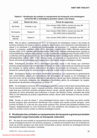 Tabela 8 – Sinalização da unidade ou equipamento de transporte com embalagens
(incluindo IBC e embalagens grandes) vazias e não limpas
Local Rótulo de risco Painel de segurança
Na frente Proibido o uso
Com número ONU 3509 e número de risco 90
(do centro para a esquerda)
Na traseira Classe 9
Com número ONU 3509 e número de risco 90
(do centro para a esquerda)
Nas duas
laterais
Classe 9 Com número ONU 3509 e número de risco 90
8.8.2 Não se aplica o estabelecido em 8.8.1 ao transporte de embalagens vazias e não limpas de
produtos perigosos da classe 2 (gases), produtos classiﬁcados como explosivos insensibilizados da
classe 3 ou subclasse 4.1, substâncias autorreagentes da subclasse 4.1, materiais radioativos da
classe 7 e amiantos, anﬁbólico (ONU 2212), Amiantos, crisotilia (ONU 2590), Bifenilas policloradas
líquidas (ONU 2315), bifenilas policloradas sólidas (ONU 3432), bifenilas polihalogenadas, líquidas ou
monometildifenilas-metanos halogenadas, líquidas ou terfenilas polihalogenadas líquidas (ONU 3151)
ou bifenilas polihalogenadas sólidas ou monometildifenilas-metanos halogenadas sólidas ou terfenilas
polihalogenadas sólidas (ONU 3152). Nestes casos, as unidades ou equipamentos de transporte
devem permanecer sinalizadas como exigido para o transporte dessas embalagens cheias.
8.8.3 Embalagens (incluindo IBC e embalagens grandes) vazias e não limpas que continham
produtos perigosos devem ser transportadas fechadas, de modo a evitar perda de conteúdo provocada
por vibração ou outros eventos relacionados às etapas da operação de transporte, e não podem
apresentar qualquer sinal de resíduo perigoso aderente à parte externa dessas embalagens.
8.8.4 Embalagens vazias e não limpas, daniﬁcadas, defeituosas, com vazamentos ou apresentando
não conformidades, podem ser transportadas nas embalagens de resgate ou em embalagens de
tamanho maior, de tipo e nível de desempenho apropriados, desde que sejam adotadas providências
para evitar movimento excessivo das embalagens daniﬁcadas dentro da embalagem de resgate,
devidamente identiﬁcadas como previsto na Seção 15.
8.8.5 As embalagens (incluindo IBC e embalagens grandes) vazias e não limpas transportadas para
ﬁns de recondicionamento, reparo, inspeção periódica, refabricação, reutilização, descarte ou dispo-
sição ﬁnal que continham produtos perigosos devem manter, quando aplicável, os rótulos de risco,
marcação do nome apropriado para embarque e número das Nações Unidas, precedido das letras
ONU ou UN referentes ao produto originalmente contido, devem estar fechadas e livres de contami-
nação exterior.
8.8.6 Exceto no caso da classe 7, uma embalagem/volume vazia e não limpa que tenha contido
produto perigoso deve permanecer identiﬁcada como exigido para aquele produto perigoso, como
previsto na Seção 15, a não ser que, para anular qualquer risco, tenham sido adotadas medidas como
limpeza, desgaseiﬁcação ou novo enchimento com uma substância não perigosa que neutralize o
efeito do produto outrora contido na referida embalagem/volume.
9 Sinalização das unidades ou equipamentos de transporte a granel que também
transportem carga fracionada no transporte rodoviário
9.1 No caso de uma unidade ou equipamento de transporte rodoviário a granel transportar conjunta-
mente embalagens/volumes com produtos perigosos, a unidade de transporte deve ser sinalizada em
razão do produto perigoso que está sendo transportado a granel, devendo as embalagens/volumes
dos produtos estarem marcadas e rotuladas.
25
ABNT NBR 7500:2017
© ABNT 2017 - Todos os direitos reservados
Exemplar
para
uso
exclusivo
-
COMISSÃO
NACIONAL
DE
ENERGIA
NUCLEAR
-
IPEN-CNEN/SP
-
00.402.552/0005-50
Impresso por: Mery Piedad Zamudio Igami (ADM.)
 