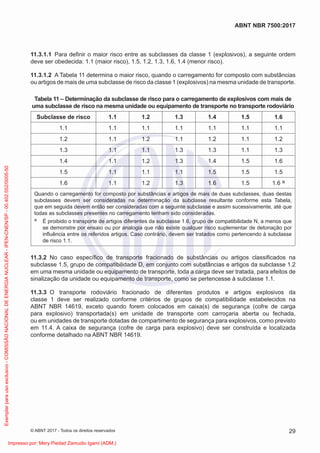 11.3.1.1 Para deﬁnir o maior risco entre as subclasses da classe 1 (explosivos), a seguinte ordem
deve ser obedecida: 1.1 (maior risco), 1.5, 1.2, 1.3, 1.6, 1.4 (menor risco).
11.3.1.2 A Tabela 11 determina o maior risco, quando o carregamento for composto com substâncias
ou artigos de mais de uma subclasse de risco da classe 1 (explosivos) na mesma unidade de transporte.
Tabela 11 – Determinação da subclasse de risco para o carregamento de explosivos com mais de
uma subclasse de risco na mesma unidade ou equipamento de transporte no transporte rodoviário
Subclasse de risco 1.1 1.2 1.3 1.4 1.5 1.6
1.1 1.1 1.1 1.1 1.1 1.1 1.1
1.2 1.1 1.2 1.1 1.2 1.1 1.2
1.3 1.1 1.1 1.3 1.3 1.1 1.3
1.4 1.1 1.2 1.3 1.4 1.5 1.6
1.5 1.1 1.1 1.1 1.5 1.5 1.5
1.6 1.1 1.2 1.3 1.6 1.5 1.6 a
Quando o carregamento for composto por substâncias e artigos de mais de duas subclasses, duas destas
subclasses devem ser consideradas na determinação da subclasse resultante conforme esta Tabela,
que em seguida devem então ser consideradas com a seguinte subclasse e assim sucessivamente, até que
todas as subclasses presentes no carregamento tenham sido consideradas.
a É proibido o transporte de artigos diferentes da subclasse 1.6, grupo de compatibilidade N, a menos que
se demonstre por ensaio ou por analogia que não existe qualquer risco suplementar de detonação por
inﬂuência entre os referidos artigos. Caso contrário, devem ser tratados como pertencendo à subclasse
de risco 1.1.
11.3.2 No caso especíﬁco de transporte fracionado de substâncias ou artigos classiﬁcados na
subclasse 1.5, grupo de compatibilidade D, em conjunto com substâncias e artigos da subclasse 1.2
em uma mesma unidade ou equipamento de transporte, toda a carga deve ser tratada, para efeitos de
sinalização da unidade ou equipamento de transporte, como se pertencesse à subclasse 1.1.
11.3.3 O transporte rodoviário fracionado de diferentes produtos e artigos explosivos da
classe 1 deve ser realizado conforme critérios de grupos de compatibilidade estabelecidos na
ABNT NBR 14619, exceto quando forem colocados em caixa(s) de segurança (cofre de carga
para explosivo) transportada(s) em unidade de transporte com carroçaria aberta ou fechada,
ou em unidades de transporte dotadas de compartimento de segurança para explosivos, como previsto
em 11.4. A caixa de segurança (cofre de carga para explosivo) deve ser construída e localizada
conforme detalhado na ABNT NBR 14619.
29
ABNT NBR 7500:2017
© ABNT 2017 - Todos os direitos reservados
Exemplar
para
uso
exclusivo
-
COMISSÃO
NACIONAL
DE
ENERGIA
NUCLEAR
-
IPEN-CNEN/SP
-
00.402.552/0005-50
Impresso por: Mery Piedad Zamudio Igami (ADM.)
 