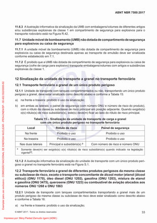 11.6.3 A ilustração informativa da sinalização da UMB com embalagens/volumes de diferentes artigos
e/ou substâncias explosivas da classe 1 em compartimento de segurança para explosivos para o
transporte rodoviário está na Figura R.42.
11.7 Unidademóveldebombeamento(UMB)nãodotadadecompartimentodesegurança
para explosivos ou caixa de segurança
11.7.1 A unidade móvel de bombeamento (UMB) não dotada de compartimento de segurança para
explosivos ou caixa de segurança destinada apenas ao transporte de emulsão deve ser sinalizada
conforme estabelecido em 7.1.
11.7.2 É proibido que a UMB não dotada de compartimento de segurança para explosivos ou caixa de
segurança (cofre de carga para explosivo) transporte embalagens/volumes com artigos e substâncias
explosivas da classe 1.
12 Sinalização da unidade de transporte a granel no transporte ferroviário
12.1 Transporte ferroviário a granel de um único produto perigoso
12.1.1 Unidade de transporte com tanques compartimentados ou não, transportando um único produto
perigoso a granel, deve estar sinalizado como descrito abaixo e conforme a Tabela 15:
a) na frente e traseira: proibido o uso da sinalização;
b) em ambas as laterais: o painel de segurança (com número ONU e número de risco do produto),
com o rótulo da classe ou subclasse de risco principal em posição adjacente. Quando exigido(s)
o(s) rótulo(s) de risco subsidiário(s), este(s) deve(m) ﬁcar ao lado do rótulo de risco principal.
Tabela 15 – Sinalização da unidade de transporte de carga a granel
com um único produto perigoso no transporte ferroviário
Local Rótulo de risco Painel de segurança
Na frente Proibido o uso Proibido o uso
Na traseira Proibido o uso Proibido o uso
Nas duas laterais Principal e subsidiário(s) a Com número de risco e número ONU
a Somente deve(m) ser exigido(s) o(s) rótulo(s) de risco subsidiário(s) quando indicado na legislação
vigente[2].
12.1.2 A ilustração informativa da sinalização do unidade de transporte com um único produto peri-
goso a granel no transporte ferroviário está na Figura S.1.
12.2 Transporte ferroviário a granel de diferentes produtos perigosos da mesma classe
ou subclasse de risco, exceto o transporte concomitante de álcool motor (etanol (álcool
etílico)) (ONU 1170), óleo diesel (ONU 1202), gasolina (ONU 1203), mistura de etanol
e gasolina (ONU 3475), querosene (ONU 1223) ou combustível de aviação alocados aos
números ONU 1268 e ONU 1863
12.2.1 Unidade de transporte com tanques compartimentados transportando a granel mais de um
produto perigoso da mesma classe ou subclasse de risco deve estar sinalizado como descrito abaixo
e conforme a Tabela 16:
a) na frente e traseira: proibido o uso da sinalização;
33
ABNT NBR 7500:2017
© ABNT 2017 - Todos os direitos reservados
Exemplar
para
uso
exclusivo
-
COMISSÃO
NACIONAL
DE
ENERGIA
NUCLEAR
-
IPEN-CNEN/SP
-
00.402.552/0005-50
Impresso por: Mery Piedad Zamudio Igami (ADM.)
 
