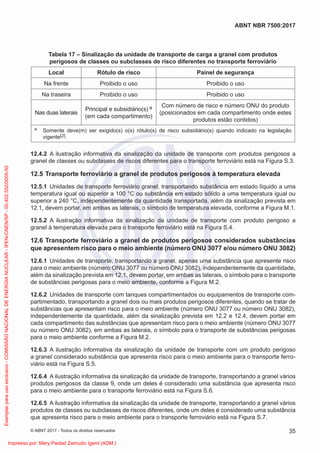 Tabela 17 – Sinalização da unidade de transporte de carga a granel com produtos
perigosos de classes ou subclasses de risco diferentes no transporte ferroviário
Local Rótulo de risco Painel de segurança
Na frente Proibido o uso Proibido o uso
Na traseira Proibido o uso Proibido o uso
Nas duas laterais
Principal e subsidiário(s) a
(em cada compartimento)
Com número de risco e número ONU do produto
(posicionados em cada compartimento onde estes
produtos estão contidos)
a Somente deve(m) ser exigido(s) o(s) rótulo(s) de risco subsidiário(s) quando indicado na legislação
vigente[2].
12.4.2 A ilustração informativa da sinalização da unidade de transporte com produtos perigosos a
granel de classes ou subclasses de riscos diferentes para o transporte ferroviário está na Figura S.3.
12.5 Transporte ferroviário a granel de produtos perigosos à temperatura elevada
12.5.1 Unidades de transporte ferroviário granel, transportando substância em estado líquido a uma
temperatura igual ou superior a 100 °C ou substância em estado sólido a uma temperatura igual ou
superior a 240 °C, independentemente da quantidade transportada, além da sinalização prevista em
12.1, devem portar, em ambas as laterais, o símbolo de temperatura elevada, conforme a Figura M.1.
12.5.2 A ilustração informativa da sinalização da unidade de transporte com produto perigoso a
granel à temperatura elevada para o transporte ferroviário está na Figura S.4.
12.6 Transporte ferroviário a granel de produtos perigosos considerados substâncias
que apresentem risco para o meio ambiente (número ONU 3077 e/ou número ONU 3082)
12.6.1 Unidades de transporte, transportando a granel, apenas uma substância que apresente risco
para o meio ambiente (número ONU 3077 ou número ONU 3082), independentemente da quantidade,
além da sinalização prevista em 12.1, devem portar, em ambas as laterais, o símbolo para o transporte
de substâncias perigosas para o meio ambiente, conforme a Figura M.2.
12.6.2 Unidades de transporte com tanques compartimentados ou equipamentos de transporte com-
partimentado, transportando a granel dois ou mais produtos perigosos diferentes, quando se tratar de
substâncias que apresentam risco para o meio ambiente (número ONU 3077 ou número ONU 3082),
independentemente da quantidade, além da sinalização prevista em 12.2 e 12.4, devem portar em
cada compartimento das substâncias que apresentam risco para o meio ambiente (número ONU 3077
ou número ONU 3082), em ambas as laterais, o símbolo para o transporte de substâncias perigosas
para o meio ambiente conforme a Figura M.2.
12.6.3 A ilustração informativa da sinalização da unidade de transporte com um produto perigoso
a granel considerado substância que apresenta risco para o meio ambiente para o transporte ferro-
viário está na Figura S.5.
12.6.4 A ilustração informativa da sinalização da unidade de transporte, transportando a granel vários
produtos perigosos da classe 9, onde um deles é considerado uma substância que apresenta risco
para o meio ambiente para o transporte ferroviário está na Figura S.6.
12.6.5 A ilustração informativa da sinalização da unidade de transporte, transportando a granel vários
produtos de classes ou subclasses de riscos diferentes, onde um deles é considerado uma substância
que apresenta risco para o meio ambiente para o transporte ferroviário está na Figura S.7.
35
ABNT NBR 7500:2017
© ABNT 2017 - Todos os direitos reservados
Exemplar
para
uso
exclusivo
-
COMISSÃO
NACIONAL
DE
ENERGIA
NUCLEAR
-
IPEN-CNEN/SP
-
00.402.552/0005-50
Impresso por: Mery Piedad Zamudio Igami (ADM.)
 