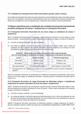 13.7 Unidades de transporte ferroviário fracionadas quando vazias e limpas
As unidades de transporte ferroviário de carga fracionada, quando trafegando vazias, não podem perma-
necer com a sinalização, inclusive as intercambiáveis, bem como não podem continuar portando a(s)
ﬁcha(s) de emergência e o(s) envelope(s) para o transporte dos produtos outrora transportados.
14 Regras especíﬁcas para a sinalização das unidades de transporte transportando
produtos perigosos da classe 1 (explosivos) no transporte ferroviário
14.1 Transporte ferroviário fracionado de um único artigo ou substância da classe 1
(explosivo)
14.1.1 Unidades de transporte que transportem carga fracionada contendo um único artigo ou subs-
tância da classe 1 (explosivo) devem estar sinalizadas como descrito a seguir e conforme a Tabela 21:
a) na frente e traseira: proibido o uso da sinalização;
b) em ambas as laterais: o painel de segurança (com apenas o número ONU), com o rótulo da
subclasse de risco principal em posição adjacente. Quando exigido(s) o(s) rótulo(s) de risco
subsidiário(s), este(s) ﬁca(m) ao lado do rótulo de risco principal.
Tabela 21 – Sinalização da unidade de transporte com carga fracionada
com um único artigo ou substância da classe 1 (explosivo) no transporte ferroviário
Local Rótulo de risco Painel de segurança
Na frente Proibido o uso Proibido o uso
Na traseira Proibido o uso Proibido o uso
Nas duas laterais Principal e subsidiário(s) a Com apenas o número ONU
a Somente deve(m) ser exigido(s) o(s) rótulo(s) de risco subsidiário(s) quando indicado na legislação
vigente[2].
14.1.2 A ilustração informativa da sinalização da unidade de transporte transportando carga fracio-
nada com um único artigo ou substância da classe 1 (explosivo) para o transporte rodoviário está na
Figura S.15
14.2 Transporte ferroviário de carga fracionada de diferentes artigos e substâncias
explosivas da mesma subclasse de risco da classe 1 (explosivos)
14.2.1 Unidades de transporte que transportem carga fracionada contendo diferentes artigos e subs-
tâncias explosivas da mesma subclasse de risco da classe 1 devem estar sinalizadas como descrito
a seguir e conforme a Tabela 22:
a) na frente e traseira: proibido o uso da sinalização;
b) em ambas as laterais: o painel de segurança (todo alaranjado), com o rótulo da subclasse de risco
principal dos produtos em posição adjacente. Se houver rótulo(s) de risco subsidiário(s), para um
ou mais produtos, ele(s) não pode(m) ser aﬁxado(s).
14.2.2 O transporte ferroviário fracionado de diferentes produtos e artigos explosivos da classe 1
deve ser realizado conforme critérios de grupos de compatibilidade estabelecidos na ABNT NBR 14619.
39
ABNT NBR 7500:2017
© ABNT 2017 - Todos os direitos reservados
Exemplar
para
uso
exclusivo
-
COMISSÃO
NACIONAL
DE
ENERGIA
NUCLEAR
-
IPEN-CNEN/SP
-
00.402.552/0005-50
Impresso por: Mery Piedad Zamudio Igami (ADM.)
 