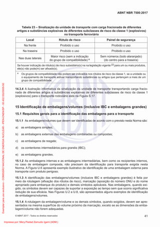 Tabela 23 – Sinalização da unidade de transporte com carga fracionada de diferentes
artigos e substâncias explosivas de diferentes subclasses de risco da classe 1 (explosivos)
no transporte ferroviário
Local Rótulo de risco Painel de segurança
Na frente Proibido o uso Proibido o uso
Na traseira Proibido o uso Proibido o uso
Nas duas laterais
Maior risco (sem a indicação
do grupo de compatibilidade) a
Sem números (todo alaranjado)
(do centro para a traseira)
Se houver indicação de rótulo(s) de risco subsidiário(s) na na legislação vigente [2] para um ou mais produtos,
ele(s) não pode(m) ser aﬁxado(s).
a Os grupos de compatibilidade não podem ser indicados nos rótulos de risco da classe 1, se a unidade ou
o equipamento de transporte estiver transportando substâncias ou artigos que pertençam a mais de um
grupo de compatibilidade.
14.3.4 A ilustração informativa da sinalização da unidade de transporte transportando carga fracio-
nada de diferentes artigos e substâncias explosivas de diferentes subclasses de risco da classe 1
(explosivos) para o transporte rodoviário está na Figura S.17.
15 Identiﬁcação de embalagens/volumes (inclusive IBC e embalagens grandes)
15.1 Requisitos gerais para a identiﬁcação das embalagens para o transporte
15.1.1 As embalagens/volumes que devem ser identiﬁcadas de acordo com o previsto nesta Norma são:
a) as embalagens simples;
b) as embalagens externas das embalagens combinadas ou compostas;
c) as embalagens de resgate;
d) os contentores intermediários para granéis (IBC);
e) as embalagens grandes.
15.1.2 As embalagens internas e as embalagens intermediárias, bem como os recipientes internos,
no caso de embalagem composta, não precisam da identiﬁcação para transporte exigida nesta
Norma. A Figura U.6 apresenta exemplo ilustrativo de identiﬁcação de uma embalagem externa para
transporte com produto perigoso.
15.1.3 A identiﬁcação das embalagens/volumes (inclusive IBC e embalagens grandes) é feita por
meio da rotulagem (aﬁxação dos rótulos de risco), marcação (aposição do número ONU e do nome
apropriado para embarque do produto) e demais símbolos aplicáveis. Nas embalagens, quando exi-
gido, os símbolos devem ser capazes de suportar a exposição ao tempo sem que ocorra signiﬁcativa
redução de sua eﬁcácia. Nas Figuras U.2 a U.8, são apresentados alguns exemplos de identiﬁcação
de embalagens/volumes.
15.1.4 A rotulagem da embalagem/volume e os demais símbolos, quando exigidos, devem ser apre-
sentados na mesma superfície do volume próximo da marcação, exceto se as dimensões da emba-
lagem/volume não forem adequadas.
41
ABNT NBR 7500:2017
© ABNT 2017 - Todos os direitos reservados
Exemplar
para
uso
exclusivo
-
COMISSÃO
NACIONAL
DE
ENERGIA
NUCLEAR
-
IPEN-CNEN/SP
-
00.402.552/0005-50
Impresso por: Mery Piedad Zamudio Igami (ADM.)
 