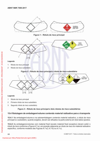 2
a
Acetileno,
dissolvido
ONU 1001
Figura 1 – Rótulo de risco principal
2
1
5.1
≤ 0,5a
a
2
Óxido
nitroso
ONU 1070
Legenda
1 Rótulo de risco principal
2 Rótulo de risco subsidiário
Figura 2 – Rótulo de risco principal e rótulo de risco subsidiário
1 2 3
8
Flúor,
comprimido
ONU 1045
2 5.1
≤ 0,5a
a
≤ 0,5a
Legenda
1 Rótulo de risco principal
2 Primeiro rótulo de risco subsidiário
3 Segundo rótulo de risco subsidiário
Figura 3 – Rótulo de risco principal e dois rótulos de risco subsidiários
15.4 Rotulagem de embalagem/volume contendo material radioativo para o transporte
15.4.1 Na embalagem/volume e na sobreembalagem contendo material radioativo, o rótulo de risco
principal e o subsidiário, quando exigidos, devem ser aﬁxados na parte externa em dois lados opostos.
15.4.2 As embalagens/volumes com material físsil (exceto material físsil exceptivo) devem exibir o
rótulo de risco conforme a Figura A.7-e), em posição adjacente ao rótulo de risco do material radioativo
especíﬁco, conforme modelos das Figuras A.7-a), A.7-b) ou A.7-c).
44
ABNT NBR 7500:2017
© ABNT 2017 - Todos os direitos reservados
Exemplar
para
uso
exclusivo
-
COMISSÃO
NACIONAL
DE
ENERGIA
NUCLEAR
-
IPEN-CNEN/SP
-
00.402.552/0005-50
Impresso por: Mery Piedad Zamudio Igami (ADM.)
 