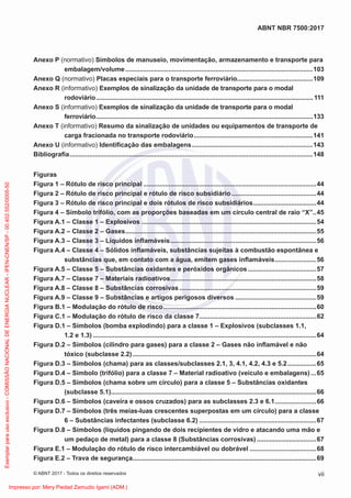 Anexo P (normativo) Símbolos de manuseio, movimentação, armazenamento e transporte para
embalagem/volume........................................................................................................103
Anexo Q (normativo) Placas especiais para o transporte ferroviário..........................................109
Anexo R (informativo) Exemplos de sinalização da unidade de transporte para o modal
rodoviário.............................................................................................................................111
Anexo S (informativo) Exemplos de sinalização da unidade de transporte para o modal
ferroviário.............................................................................................................................133
Anexo T (informativo) Resumo da sinalização de unidades ou equipamentos de transporte de
carga fracionada no transporte rodoviário..................................................................141
Anexo U (informativo) Identiﬁcação das embalagens...................................................................143
Bibliograﬁa.......................................................................................................................................148
Figuras
Figura 1 – Rótulo de risco principal ................................................................................................44
Figura 2 – Rótulo de risco principal e rótulo de risco subsidiário ...............................................44
Figura 3 – Rótulo de risco principal e dois rótulos de risco subsidiários...................................44
Figura 4 – Símbolo trifólio, com as proporções baseadas em um círculo central de raio “X”..45
Figura A.1 – Classe 1 – Explosivos .................................................................................................54
Figura A.2 – Classe 2 – Gases..........................................................................................................55
Figura A.3 – Classe 3 – Líquidos inﬂamáveis.................................................................................56
Figura A.4 – Classe 4 – Sólidos inﬂamáveis, substâncias sujeitas à combustão espontânea e
substâncias que, em contato com a água, emitem gases inﬂamáveis.......................56
Figura A.5 – Classe 5 – Substâncias oxidantes e peróxidos orgânicos......................................57
Figura A.7 – Classe 7 – Materiais radioativos.................................................................................58
Figura A.8 – Classe 8 – Substâncias corrosivas............................................................................59
Figura A.9 – Classe 9 – Substâncias e artigos perigosos diversos .............................................59
Figura B.1 – Modulação do rótulo de risco.....................................................................................60
Figura C.1 – Modulação do rótulo de risco da classe 7.................................................................62
Figura D.1 – Símbolos (bomba explodindo) para a classe 1 – Explosivos (subclasses 1.1,
1.2 e 1.3) ............................................................................................................................64
Figura D.2 – Símbolos (cilindro para gases) para a classe 2 – Gases não inﬂamável e não
tóxico (subclasse 2.2)......................................................................................................64
Figura D.3 – Símbolos (chama) para as classes/subclasses 2.1, 3, 4.1, 4.2, 4.3 e 5.2................65
Figura D.4 – Símbolo (trifólio) para a classe 7 – Material radioativo (veículo e embalagens) ...65
Figura D.5 – Símbolos (chama sobre um círculo) para a classe 5 – Substâncias oxidantes
(subclasse 5.1)..................................................................................................................66
Figura D.6 – Símbolos (caveira e ossos cruzados) para as subclasses 2.3 e 6.1.......................66
Figura D.7 – Símbolos (três meias-luas crescentes superpostas em um círculo) para a classe
6 – Substâncias infectantes (subclasse 6.2) .................................................................67
Figura D.8 – Símbolos (líquidos pingando de dois recipientes de vidro e atacando uma mão e
um pedaço de metal) para a classe 8 (Substâncias corrosivas) .................................67
Figura E.1 – Modulação do rótulo de risco intercambiável ou dobrável .....................................68
Figura E.2 – Trava de segurança......................................................................................................69
vii
ABNT NBR 7500:2017
© ABNT 2017 - Todos os direitos reservados
Exemplar
para
uso
exclusivo
-
COMISSÃO
NACIONAL
DE
ENERGIA
NUCLEAR
-
IPEN-CNEN/SP
-
00.402.552/0005-50
Impresso por: Mery Piedad Zamudio Igami (ADM.)
 