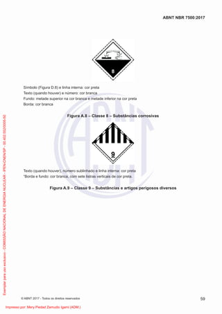 Símbolo (Figura D.8) e linha interna: cor preta
Texto (quando houver) e número: cor branca
Fundo: metade superior na cor branca e metade inferior na cor preta
Borda: cor branca
Figura A.8 – Classe 8 – Substâncias corrosivas
Texto (quando houver), número sublinhado e linha interna: cor preta
“Borda e fundo: cor branca, com sete listras verticais de cor preta.
Figura A.9 – Classe 9 – Substâncias e artigos perigosos diversos
59
ABNT NBR 7500:2017
© ABNT 2017 - Todos os direitos reservados
Exemplar
para
uso
exclusivo
-
COMISSÃO
NACIONAL
DE
ENERGIA
NUCLEAR
-
IPEN-CNEN/SP
-
00.402.552/0005-50
Impresso por: Mery Piedad Zamudio Igami (ADM.)
 