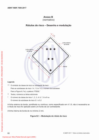 Anexo B
(normativo)
Rótulos de risco – Desenho e modulação
Linha interna
da borda
Linha externa
da borda
b
c
a
Borda
Legenda
*** O símbolo da classe de risco ou subclasse de risco
Para as subclasses de risco 1.4, 1.5 e 1.6, o número da subclasse
Para a Figura A.7-e), a palavra “FÍSSIL”
** Textos, números ou letras adicionais
* O número da classe de risco 1, 2, 3, 4, 6, 7, 8 e 9 ou
O número da subclasse de risco 5.1 e 5.2
A linha externa da borda, pontilhada ou contínua, como especiﬁcado em 4.1.8, não é necessária se
o rótulo de risco for aplicado sobre um fundo de cor contrastante.
A linha interna da borda de no mínimo 2 mm.
Figura B.1 – Modulação do rótulo de risco
60
ABNT NBR 7500:2017
© ABNT 2017 - Todos os direitos reservados
Exemplar
para
uso
exclusivo
-
COMISSÃO
NACIONAL
DE
ENERGIA
NUCLEAR
-
IPEN-CNEN/SP
-
00.402.552/0005-50
Impresso por: Mery Piedad Zamudio Igami (ADM.)
 