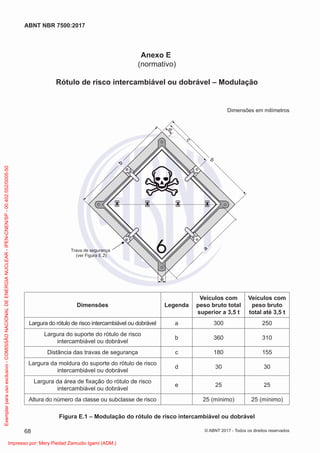 Anexo E
(normativo)
Rótulo de risco intercambiável ou dobrável – Modulação
Dimensões em milímetros
b
c
d
b
e
a
Trava de segurança
(ver Figura E.2)
Dimensões Legenda
Veículos com
peso bruto total
superior a 3,5 t
Veículos com
peso bruto
total até 3,5 t
Largura do rótulo de risco intercambiável ou dobrável a 300 250
Largura do suporte do rótulo de risco
intercambiável ou dobrável
b 360 310
Distância das travas de segurança c 180 155
Largura da moldura do suporte do rótulo de risco
intercambiável ou dobrável
d 30 30
Largura da área de ﬁxação do rótulo de risco
intercambiável ou dobrável
e 25 25
Altura do número da classe ou subclasse de risco 25 (mínimo) 25 (mínimo)
Figura E.1 – Modulação do rótulo de risco intercambiável ou dobrável
68
ABNT NBR 7500:2017
© ABNT 2017 - Todos os direitos reservados
Exemplar
para
uso
exclusivo
-
COMISSÃO
NACIONAL
DE
ENERGIA
NUCLEAR
-
IPEN-CNEN/SP
-
00.402.552/0005-50
Impresso por: Mery Piedad Zamudio Igami (ADM.)
 