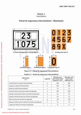 Anexo J
(normativo)
Painel de segurança intercambiável – Modulação
I
I
I
o
p
i
t
s
a
t
e
u
q
a
l
P
)
b
l
e
v
á
i
b
m
a
c
r
e
t
n
i
a
ç
n
a
r
u
g
e
s
e
d
l
e
n
i
a
P
)
a
c) Plaqueta tipo I d) Plaqueta tipo II e) Plaqueta tipo III
Figura J.1 – Painel de segurança intercambiável
Tabela J.1 – Painel de segurança intercambiável
Dimensões
mm
Legenda
Veículos com
peso bruto total
superior a 3,5 t
Veículos com
peso bruto
total até 3,5 t
Comprimento do painel intercambiável a 400 350
Largura do painel intercambiável b 300 250
Borda do painel intercambiável c 10 10
Comprimento da área de encaixe da plaqueta d 330 290
Espaço horizontal da área de encaixe da plaqueta e 35 30
Espaço vertical da área de encaixe da plaqueta f 22 18
Altura da área de encaixe da plaqueta g 120 100
Espaço central entre as áreas de encaixe da plaqueta h 16 14
Largura do trilho de encaixe da plaqueta i 8 8
75
ABNT NBR 7500:2017
© ABNT 2017 - Todos os direitos reservados
Exemplar
para
uso
exclusivo
-
COMISSÃO
NACIONAL
DE
ENERGIA
NUCLEAR
-
IPEN-CNEN/SP
-
00.402.552/0005-50
Impresso por: Mery Piedad Zamudio Igami (ADM.)
 