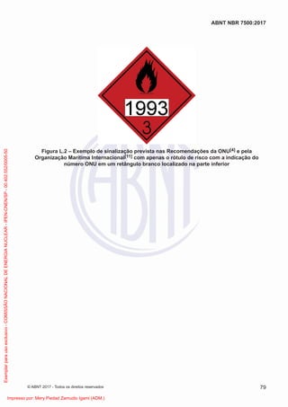 Figura L.2 – Exemplo de sinalização prevista nas Recomendações da ONU[4] e pela
Organização Marítima Internacional[11] com apenas o rótulo de risco com a indicação do
número ONU em um retângulo branco localizado na parte inferior
79
ABNT NBR 7500:2017
© ABNT 2017 - Todos os direitos reservados
Exemplar
para
uso
exclusivo
-
COMISSÃO
NACIONAL
DE
ENERGIA
NUCLEAR
-
IPEN-CNEN/SP
-
00.402.552/0005-50
Impresso por: Mery Piedad Zamudio Igami (ADM.)
 