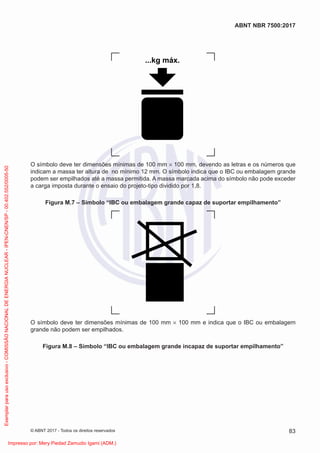 ...kg máx.
O símbolo deve ter dimensões mínimas de 100 mm × 100 mm, devendo as letras e os números que
indicam a massa ter altura de no mínimo 12 mm. O símbolo indica que o IBC ou embalagem grande
podem ser empilhados até a massa permitida. A massa marcada acima do símbolo não pode exceder
a carga imposta durante o ensaio do projeto-tipo dividido por 1,8.
Figura M.7 – Símbolo “IBC ou embalagem grande capaz de suportar empilhamento”
O símbolo deve ter dimensões mínimas de 100 mm × 100 mm e indica que o IBC ou embalagem
grande não podem ser empilhados.
Figura M.8 – Símbolo “IBC ou embalagem grande incapaz de suportar empilhamento”
83
ABNT NBR 7500:2017
© ABNT 2017 - Todos os direitos reservados
Exemplar
para
uso
exclusivo
-
COMISSÃO
NACIONAL
DE
ENERGIA
NUCLEAR
-
IPEN-CNEN/SP
-
00.402.552/0005-50
Impresso por: Mery Piedad Zamudio Igami (ADM.)
 