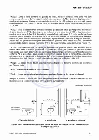 7.7.2.2.2	 Junto à bacia sanitária, na parede do fundo, deve ser instalada uma barra reta com
comprimento mínimo de 0,80 m, posicionada horizontalmente, a 0,75 m de altura do piso acabado
(medida pelos eixos de fixação), com uma distância máxima de 0,11 m da sua face externa à parede
e estendendo-se 0,30 m além do eixo da bacia em direção à parede lateral, conforme as Figuras 106,
107 e 109.
7.7.2.2.3	 Para bacias sanitárias com caixa acoplada que possuam altura que não permita a instalação
da barra descrita em 7.7.2.2.2, esta pode ser instalada a uma altura de até 0,89 m do piso acabado
(medida pelos eixos de fixação), devendo ter uma distância máxima de 0,11 m da sua face externa
à parede e uma distância mínima de 0,04 m da superfície superior da tampa da caixa acoplada,
e estar a 0,30 m além do eixo da bacia em direção à parede lateral, conforme as Figuras 108 e 110.
A barra reta na parede do fundo pode ser substituída por uma barra lateral articulada, desde que
a extremidade da barra esteja a no mínimo 0,10 m da borda frontal da bacia, conforme a Figura 111.
7.7.2.2.4	 Na impossibilidade de instalação de barras nas paredes laterais, são admitidas barras
laterais fixas (com fixação na parede de fundo) ou articuladas (dar preferência pela barra lateral
fixa), desde que sejam observados os parâmetros de segurança e dimensionamento estabelecidos
conforme 7.6 e que estas e seus apoios não interfiram na área de giro e transferência. A distância
entre esta barra e o eixo da bacia deve ser de 0,40 m, sendo que a sua extremidade deve estar a uma
distância mínima de 0,20 m da borda frontal da bacia, conforme as Figuras 109 e 110.
7.7.2.2.5	 As bacias infantis devem seguir as mesmas disposições de barras e dimensões constantes
nas Figuras 106 a 111.
7.7.2.3	 Bacias sanitárias com parede lateral
7.7.2.3.1	 Bacia convencional com barras de apoio ao fundo e a 90° na parede lateral
A Figura 106 ilustra o uso de uma barra de apoio reta fixada ao fundo e duas retas fixadas a 90° na
lateral, quando a bacia convencional estiver próxima a uma parede.
Dimensões em metros
0,70
mín.
0,80 mín.
0,30
0,50
0,10
A
0,80 mín.
A
D
0,11
0,11
C
Altura da bacia
com o assento
a) Vista lateral direita b) Vista frontal c) Vista lateral esquerda
0,11
0,11
Figura 106 – Bacia convencional com barras de apoio ao fundo e a 90º na parede lateral –
Exemplo A (continua)
91
ABNT NBR 9050:2020
© ABNT 2020 - Todos os direitos reservados
 