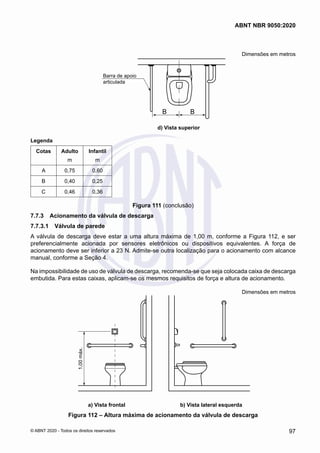 Dimensões em metros
d) Vista superior
B
B
Barra de apoio
articulada
	 d) Vista superior
Legenda
Cotas Adulto
m
Infantil
m
A 0,75 0,60
B 0,40 0,25
C 0,46 0,36
Figura 111 (conclusão)
7.7.3	 Acionamento da válvula de descarga
7.7.3.1	 Válvula de parede
A válvula de descarga deve estar a uma altura máxima de 1,00 m, conforme a Figura 112, e ser
preferencialmente acionada por sensores eletrônicos ou dispositivos equivalentes. A força de
acionamento deve ser inferior a 23 N. Admite-se outra localização para o acionamento com alcance
manual, conforme a Seção 4.
Na impossibilidade de uso de válvula de descarga, recomenda-se que seja colocada caixa de descarga
embutida. Para estas caixas, aplicam-se os mesmos requisitos de força e altura de acionamento.
Dimensões em metros
1,00
máx.
a) Vista frontal b) Vista lateral esquerda
	 a) Vista frontal	 b) Vista lateral esquerda
Figura 112 – Altura máxima de acionamento da válvula de descarga
97
ABNT NBR 9050:2020
© ABNT 2020 - Todos os direitos reservados
 