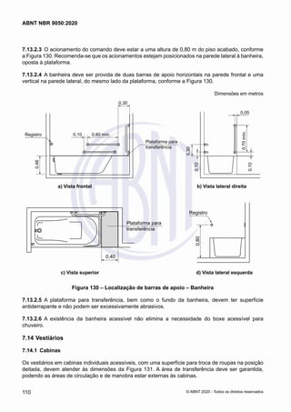 7.13.2.3	 O acionamento do comando deve estar a uma altura de 0,80 m do piso acabado, conforme
a Figura 130. Recomenda-se que os acionamentos estejam posicionados na parede lateral à banheira,
oposta à plataforma.
7.13.2.4	 A banheira deve ser provida de duas barras de apoio horizontais na parede frontal e uma
vertical na parede lateral, do mesmo lado da plataforma, conforme a Figura 130.
Dimensões em metros
0,46
Registro 0,10
0,30
0,10
0,10
0,05
0,30
0,70
mín.
0,80 mín.
a) Vista frontal b) Vista lateral direita
Plataforma para
transferência
	 a) Vista frontal	 b) Vista lateral direita
0,40
Plataforma para
transferência
0,80
Registro
c) Vista superior d) Vista lateral esquerda
	 c) Vista superior	 d) Vista lateral esquerda
Figura 130 – Localização de barras de apoio – Banheira
7.13.2.5	 A plataforma para transferência, bem como o fundo da banheira, devem ter superfície
antiderrapante e não podem ser excessivamente abrasivos.
7.13.2.6	 A existência da banheira acessível não elimina a necessidade do boxe acessível para
chuveiro.
7.14	Vestiários
7.14.1	 Cabinas
Os vestiários em cabinas individuais acessíveis, com uma superfície para troca de roupas na posição
deitada, devem atender às dimensões da Figura 131. A área de transferência deve ser garantida,
podendo as áreas de circulação e de manobra estar externas às cabinas.
110
ABNT NBR 9050:2020
© ABNT 2020 - Todos os direitos reservados
 
