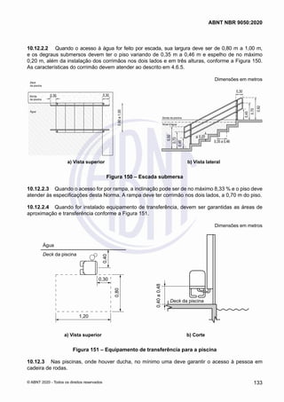 10.12.2.2	 Quando o acesso à água for feito por escada, sua largura deve ser de 0,80 m a 1,00 m,
e os degraus submersos devem ter o piso variando de 0,35 m a 0,46 m e espelho de no máximo
0,20 m, além da instalação dos corrimãos nos dois lados e em três alturas, conforme a Figura 150.
As características do corrimão devem atender ao descrito em 4.6.5.
Dimensões em metros
Borda da piscina
Nível d'água
<
a) Vista superior
Deck
da piscina
Borda
da piscina
Água
b) Vista lateral
a) Vista superior b) Vista lateral
Figura 150 – Escada submersa
10.12.2.3	 Quando o acesso for por rampa, a inclinação pode ser de no máximo 8,33 % e o piso deve
atender às especificações desta Norma. A rampa deve ter corrimão nos dois lados, a 0,70 m do piso.
10.12.2.4	 Quando for instalado equipamento de transferência, devem ser garantidas as áreas de
aproximação e transferência conforme a Figura 151.
Dimensões em metros
0,40
0,80
0,30
1,20
Água
Deck da piscina
0,40
a
0,48
Deck da piscina
	 a) Vista superior	 b) Corte
Figura 151 – Equipamento de transferência para a piscina
10.12.3	 Nas piscinas, onde houver ducha, no mínimo uma deve garantir o acesso à pessoa em
cadeira de rodas.
133
ABNT NBR 9050:2020
© ABNT 2020 - Todos os direitos reservados
 