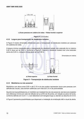 1,50 a 1,80
c) Duas pessoas em cadeira de rodas – Vistas frontal e superior
Figura 4 (conclusão)
4.3.2	 Largura para transposição de obstáculos isolados
A Figura 5 mostra dimensões referenciais para a transposição de obstáculos isolados por pessoas
em cadeiras de rodas.
A largura mínima necessária para a transposição de obstáculo isolado com extensão de no máximo
0,40 m deve ser de 0,80 m, conforme a Figura 5. Quando o obstáculo isolado tiver uma extensão
acima de 0,40 m, a largura mínima deve ser de 0,90 m.
Dimensões em metros
0,40
máx
0,80 mín.
0,80 mín.
a) Vista superior b) Vista frontal
Figura 5 – Transposição de obstáculos isolados
4.3.3	 Mobiliários na rota acessível
Mobiliários com altura entre 0,60 m até 2,10 m do piso podem representar riscos para pessoas com
deficiências visuais, caso tenham saliências com mais de 0,10 m de profundidade.
Quando da impossibilidade de um mobiliário ser instalado fora da rota acessível, ele deve ser projetado
com diferença mínima em valor de reflexão da luz (LRV) de 30 pontos, em relação ao plano de fundo,
conforme definido em 5.2.9.1.1, e ser detectável com bengala longa ou atender ao descrito em 5.4.6.
A Figura 6 apresenta possibilidades que dispensam a instalação de sinalização tátil e visual de alerta.
10
ABNT NBR 9050:2020
© ABNT 2020 - Todos os direitos reservados
 