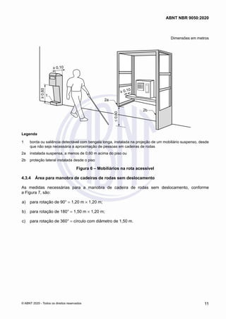 Dimensões em metros
1
2a
2b
≥
0,60
≥ 0,10
≥ 0,10
≤
0,60
Legenda
1	 borda ou saliência detectável com bengala longa, instalada na projeção de um mobiliário suspenso, desde
que não seja necessária a aproximação de pessoas em cadeiras de rodas
2a	 instalada suspensa, a menos de 0,60 m acima do piso ou
2b	 proteção lateral instalada desde o piso
Figura 6 – Mobiliários na rota acessível
4.3.4	 Área para manobra de cadeiras de rodas sem deslocamento
As medidas necessárias para a manobra de cadeira de rodas sem deslocamento, conforme
a Figura 7, são:
 a)	 para rotação de 90° = 1,20 m × 1,20 m;
 b)	 para rotação de 180° = 1,50 m × 1,20 m;
 c)	 para rotação de 360° = círculo com diâmetro de 1,50 m.
11
ABNT NBR 9050:2020
© ABNT 2020 - Todos os direitos reservados
 