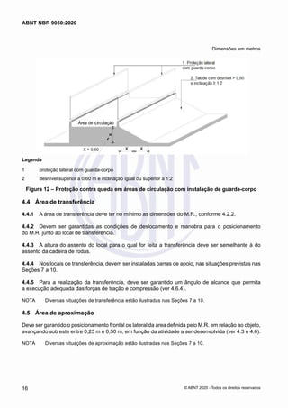 Dimensões em metros
-
Legenda
1 	 proteção lateral com guarda-corpo
2 	 desnível superior a 0,60 m e inclinação igual ou superior a 1:2
Figura 12 – Proteção contra queda em áreas de circulação com instalação de guarda-corpo
4.4	 Área de transferência
4.4.1	 A área de transferência deve ter no mínimo as dimensões do M.R., conforme 4.2.2.
4.4.2	 Devem ser garantidas as condições de deslocamento e manobra para o posicionamento
do M.R. junto ao local de transferência.
4.4.3	 A altura do assento do local para o qual for feita a transferência deve ser semelhante à do
assento da cadeira de rodas.
4.4.4	 Nos locais de transferência, devem ser instaladas barras de apoio, nas situações previstas nas
Seções 7 a 10.
4.4.5	 Para a realização da transferência, deve ser garantido um ângulo de alcance que permita
a execução adequada das forças de tração e compressão (ver 4.6.4).
NOTA	 Diversas situações de transferência estão ilustradas nas Seções 7 a 10.
4.5	 Área de aproximação
Deve ser garantido o posicionamento frontal ou lateral da área definida pelo M.R. em relação ao objeto,
avançando sob este entre 0,25 m e 0,50 m, em função da atividade a ser desenvolvida (ver 4.3 e 4.6).
NOTA	 Diversas situações de aproximação estão ilustradas nas Seções 7 a 10.
16
ABNT NBR 9050:2020
© ABNT 2020 - Todos os direitos reservados
 